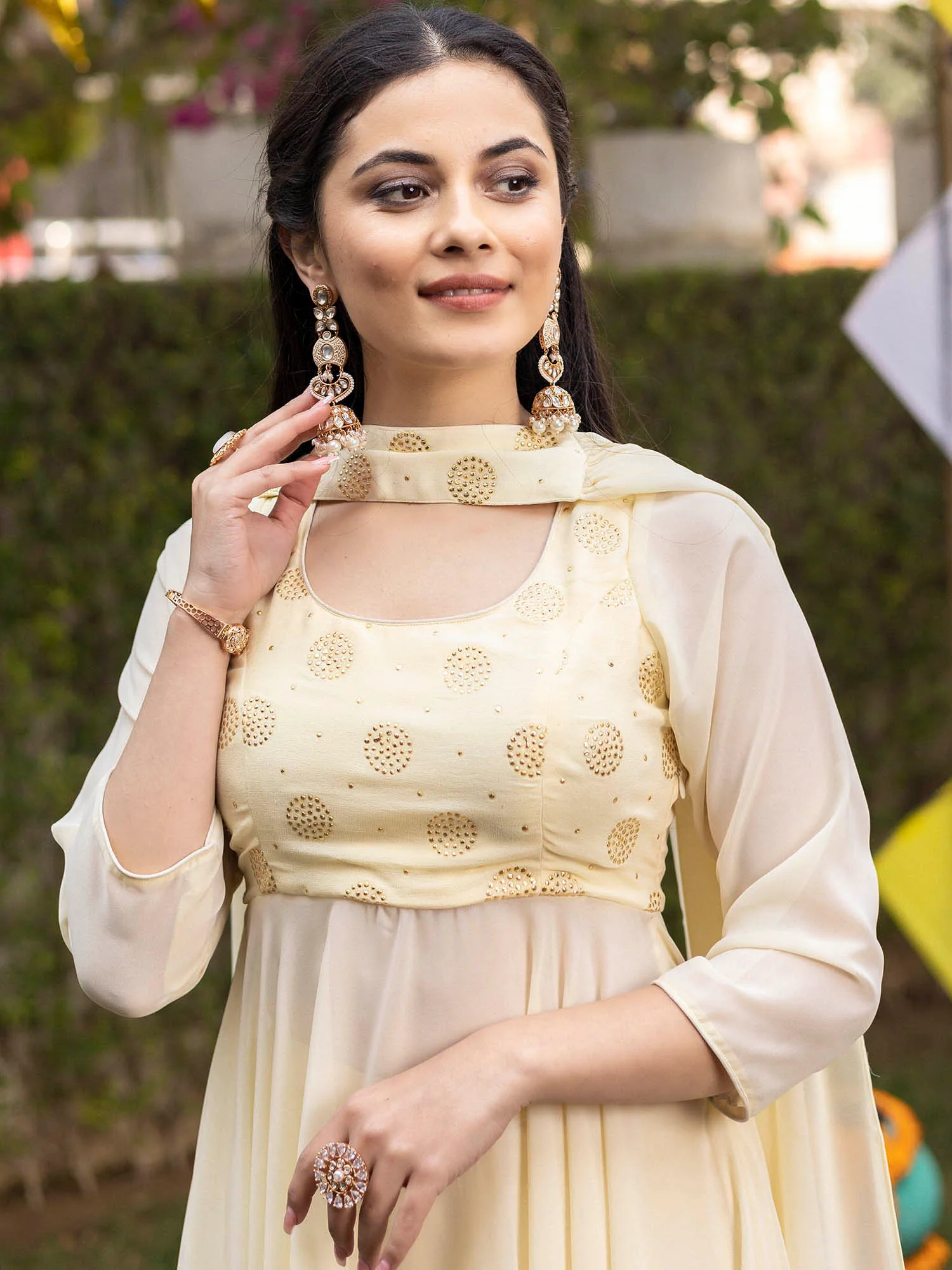 Lemon Yellow Mukaish Anarkali Set - Image 4
