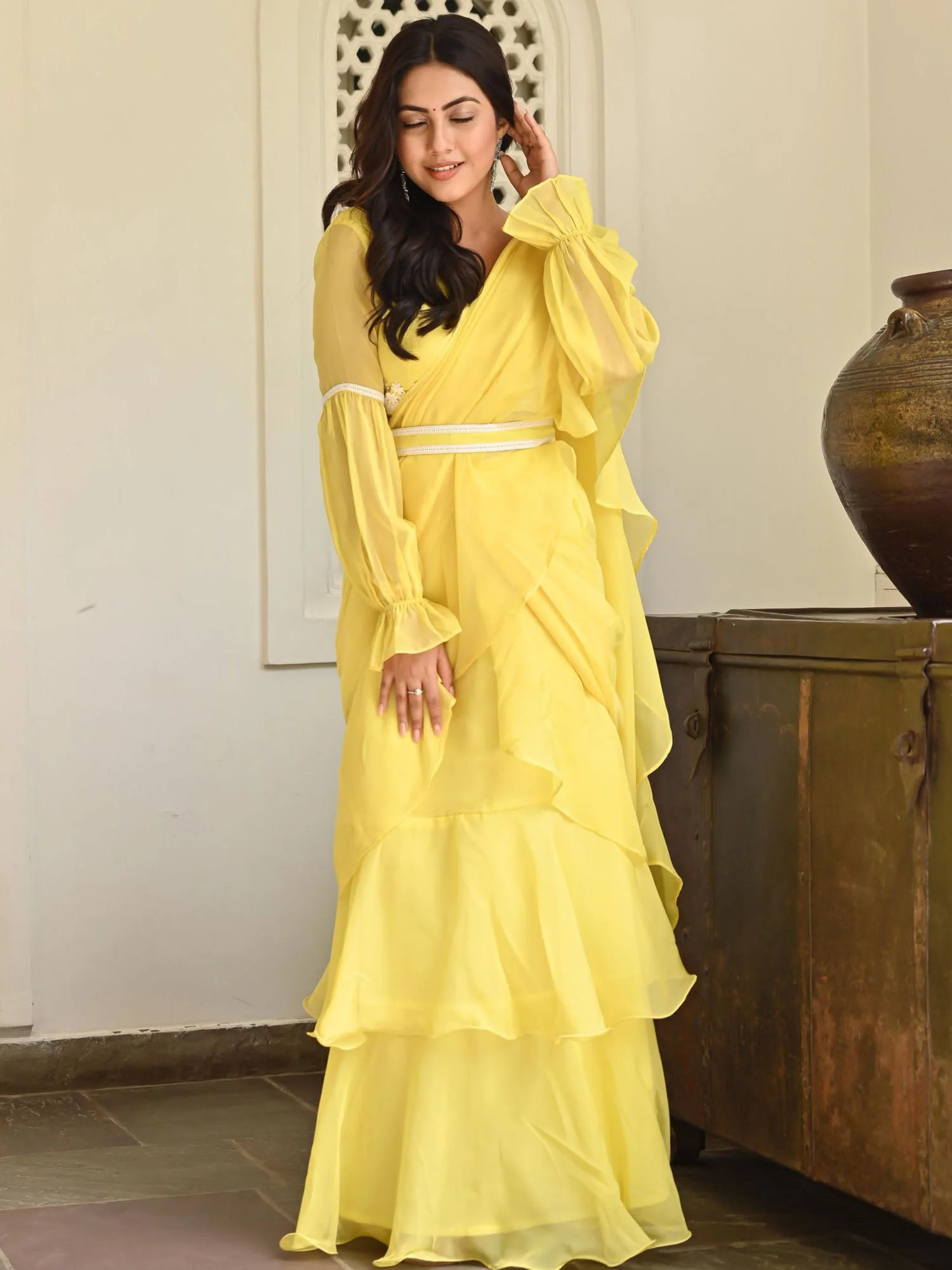Lemon Yellow Ruffle Saree - Image 9