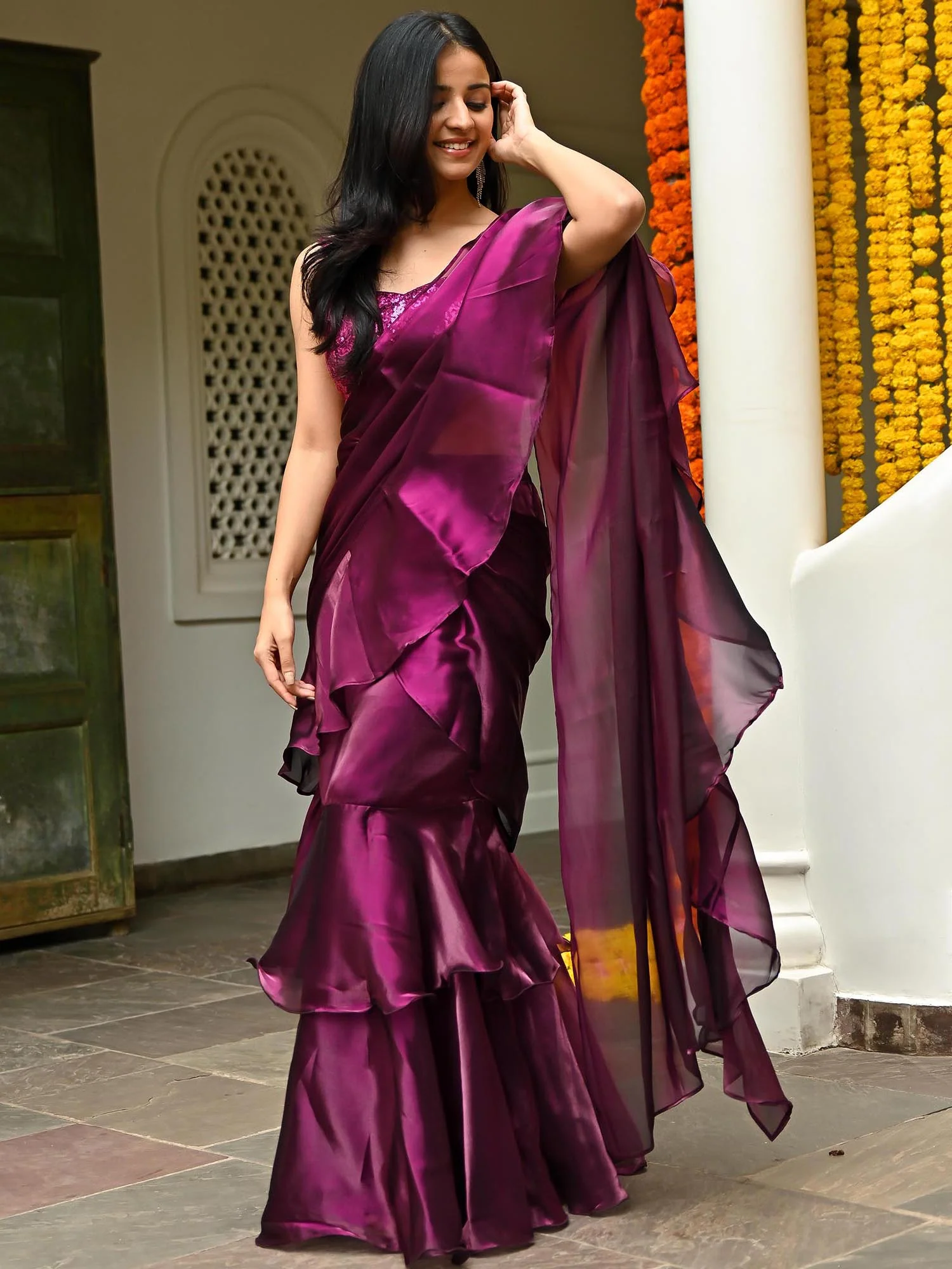 Magenta Organza Ruffle Saree - Image 3