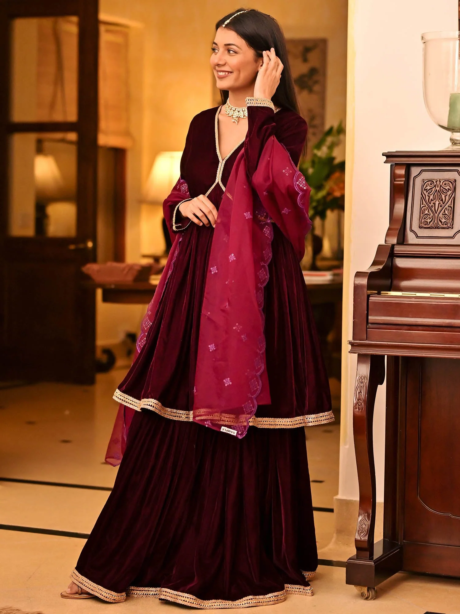Magenta Velvet Sharara Set - Image 2