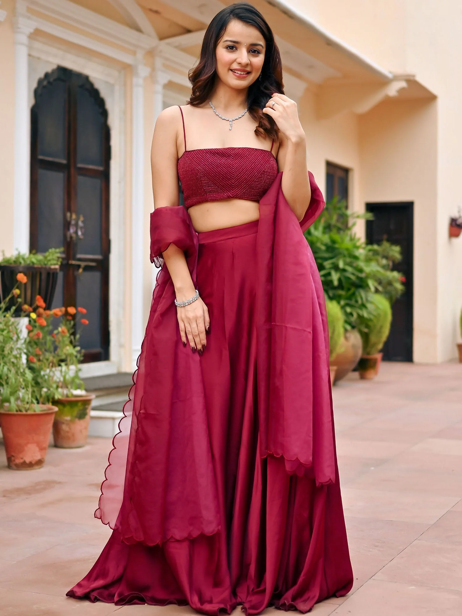 Maroon Handwork Blouse Lehenga Set - Image 8