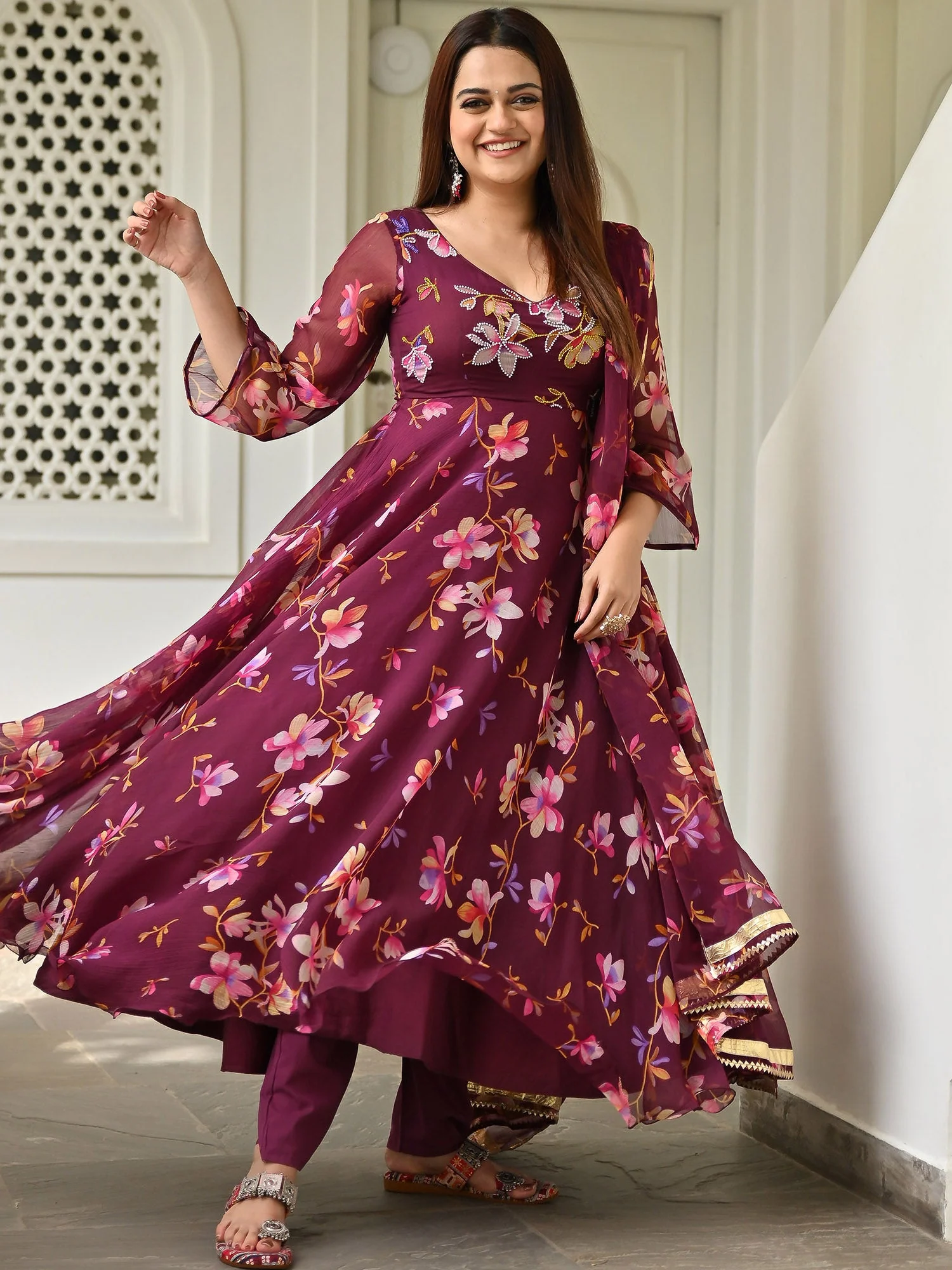 Maroon Printed Anarkali - Image 3