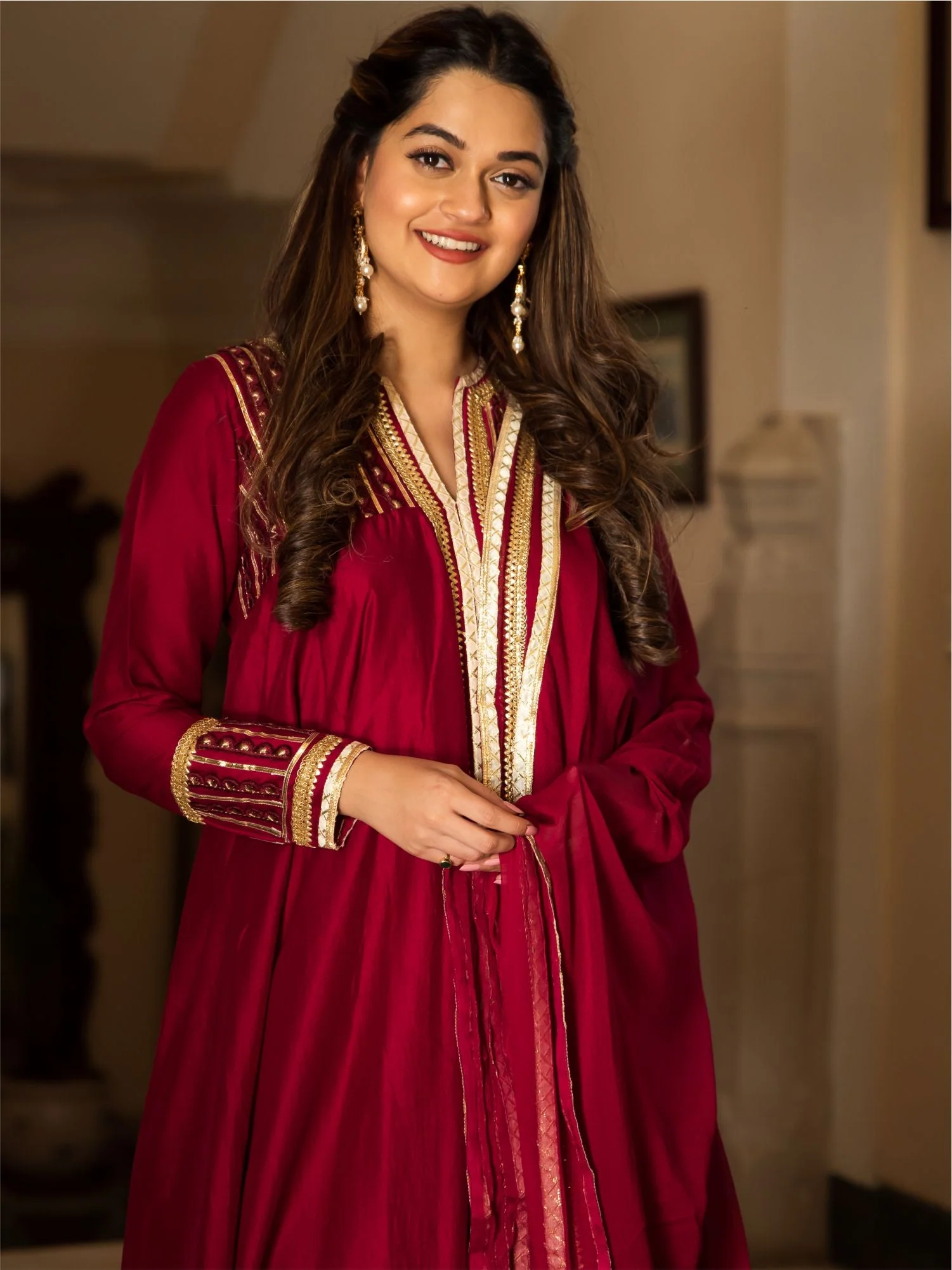 Maroon Silk Long Anarkali Set - Image 2