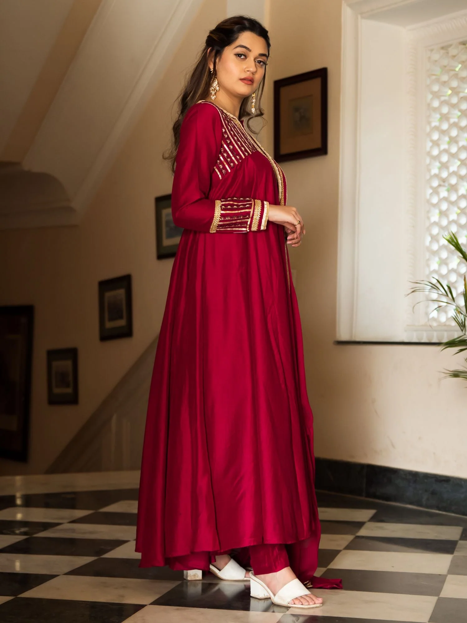 Maroon Silk Long Anarkali Set - Image 5