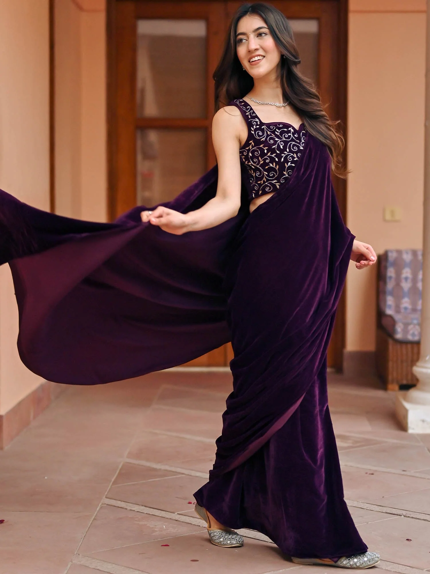 Wine Velvet Saree - Image 7