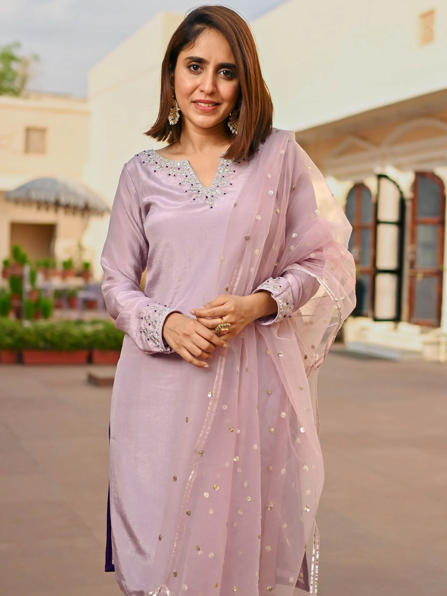 MAUVE SILK KURTA AND SEMI PATIALA SET - Image 4
