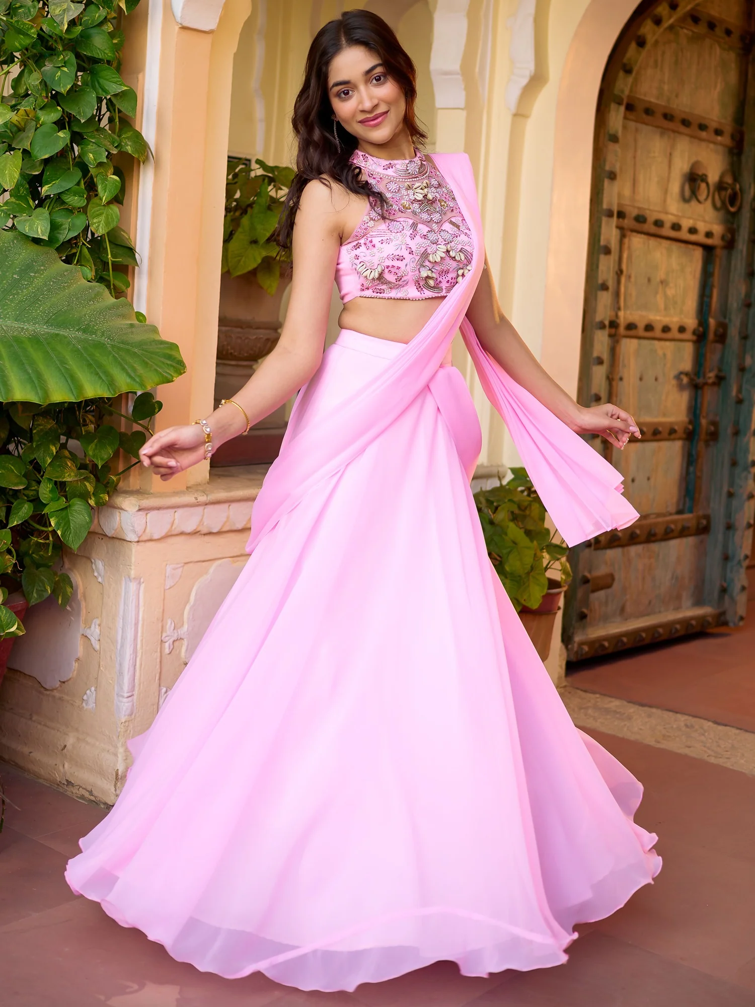 Modern Baby Pink Pre Draped Saree - Image 4