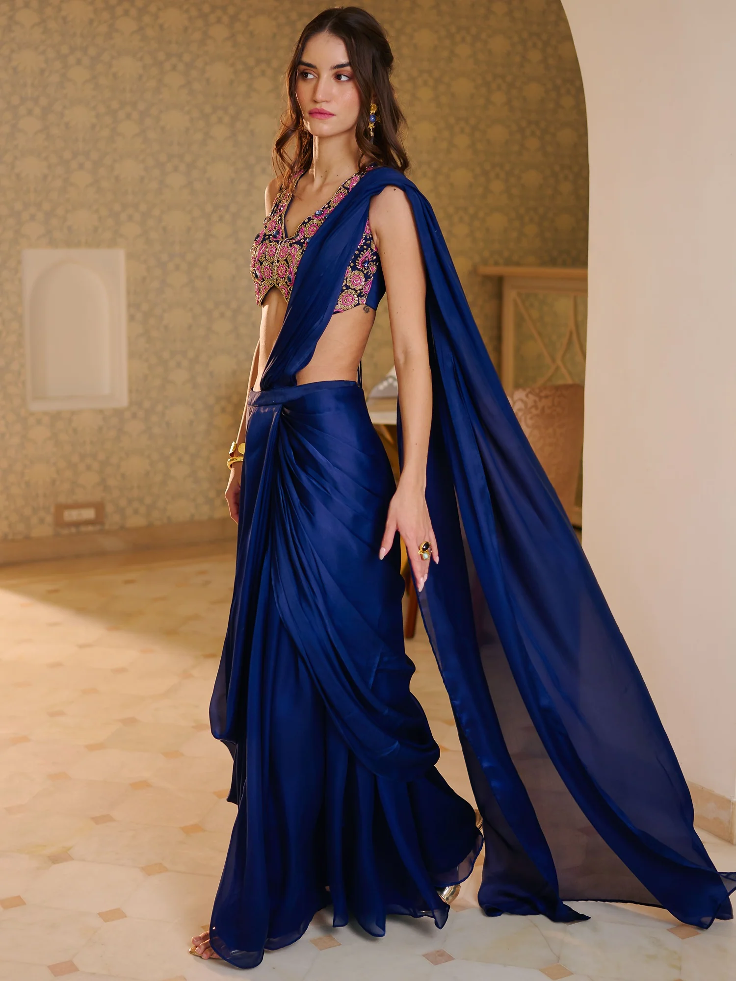 Modern Navy Blue Pre Draped Saree - Image 5