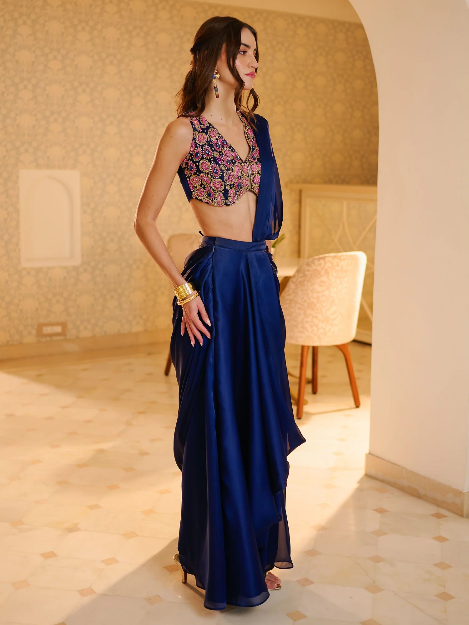 Modern Navy Blue Pre Draped Saree - Image 7