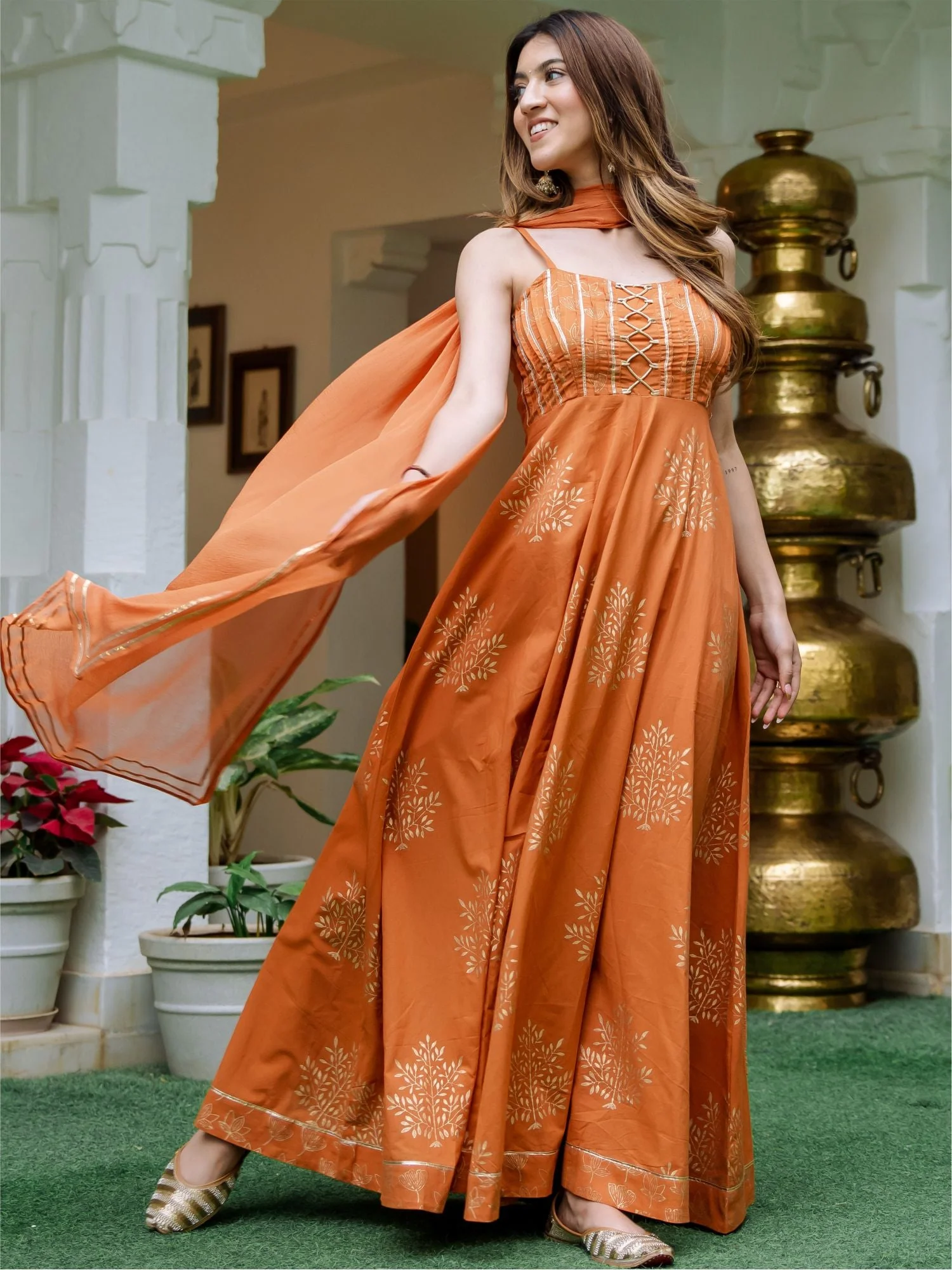 Mustard Cotton Printed Anarkali With Dupatta - Image 6