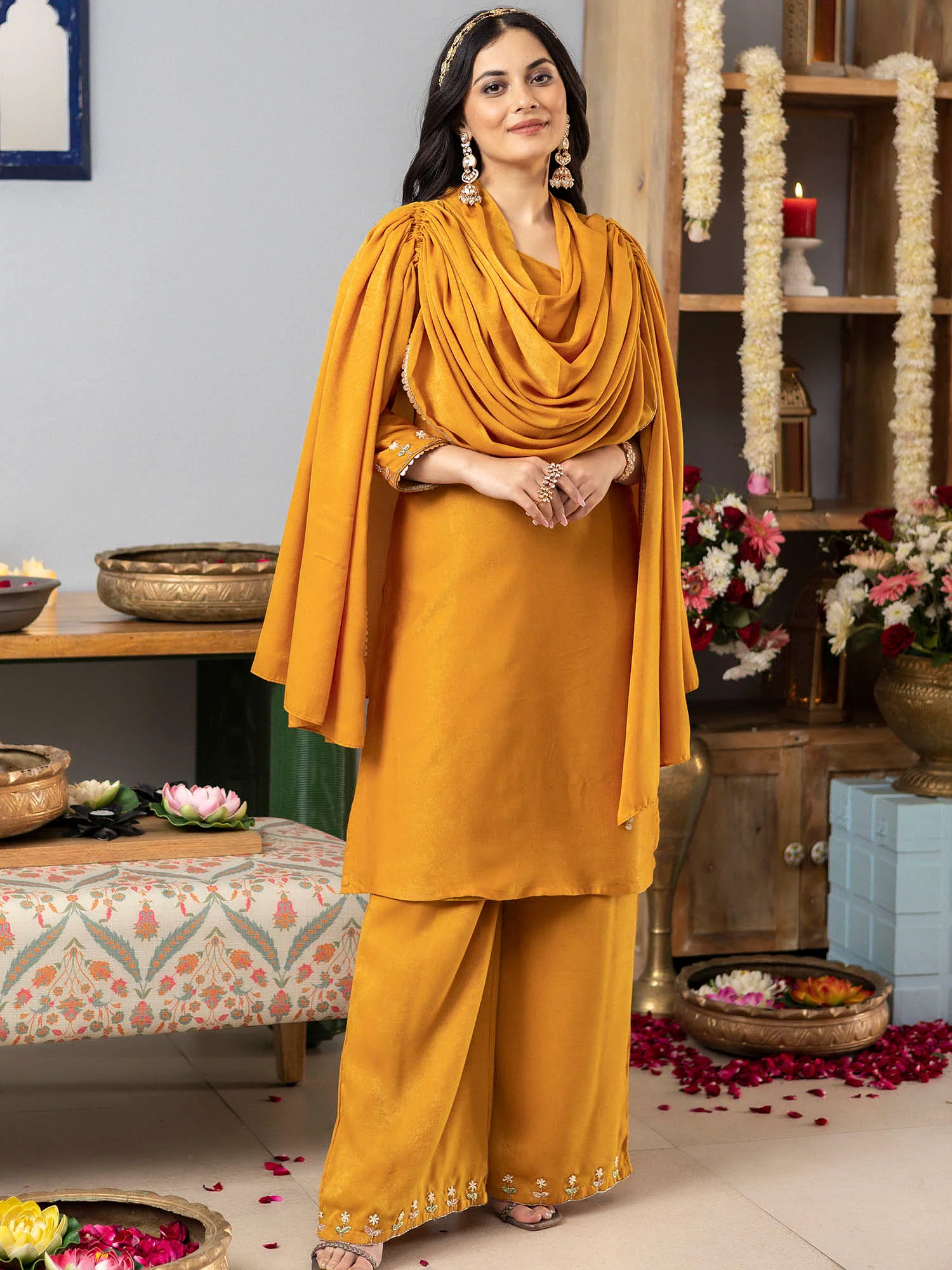 Mustard One Shoulder Apricot Kurta Set With Cape - Image 4