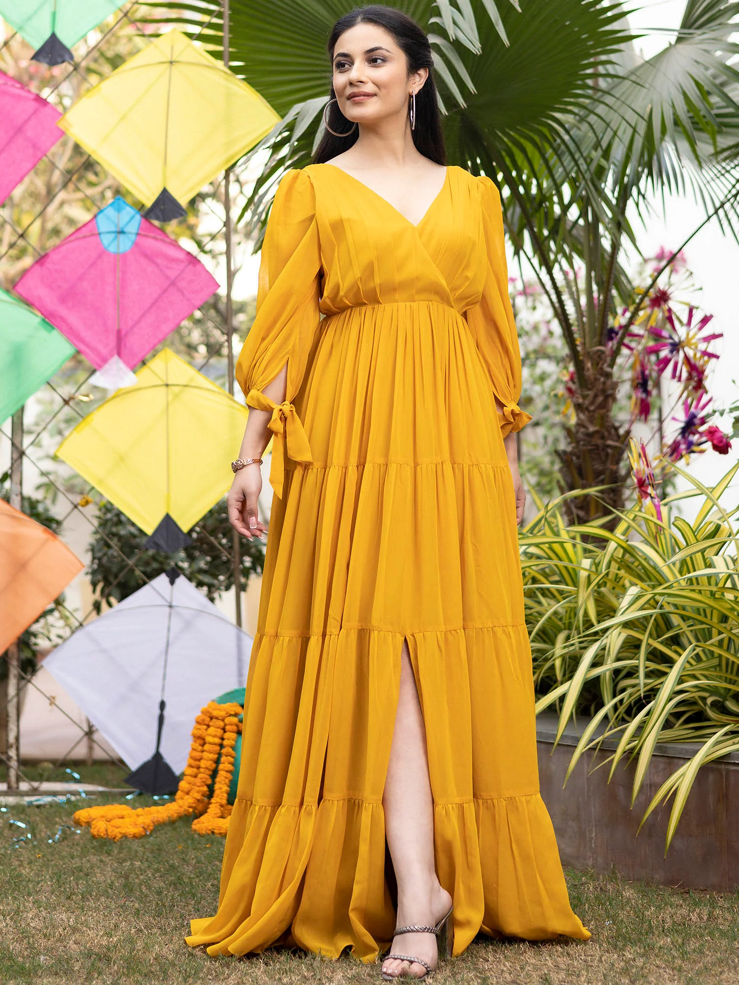 Mustard Yellow Pleated Angrakha Style Floor Length Dress - Image 4
