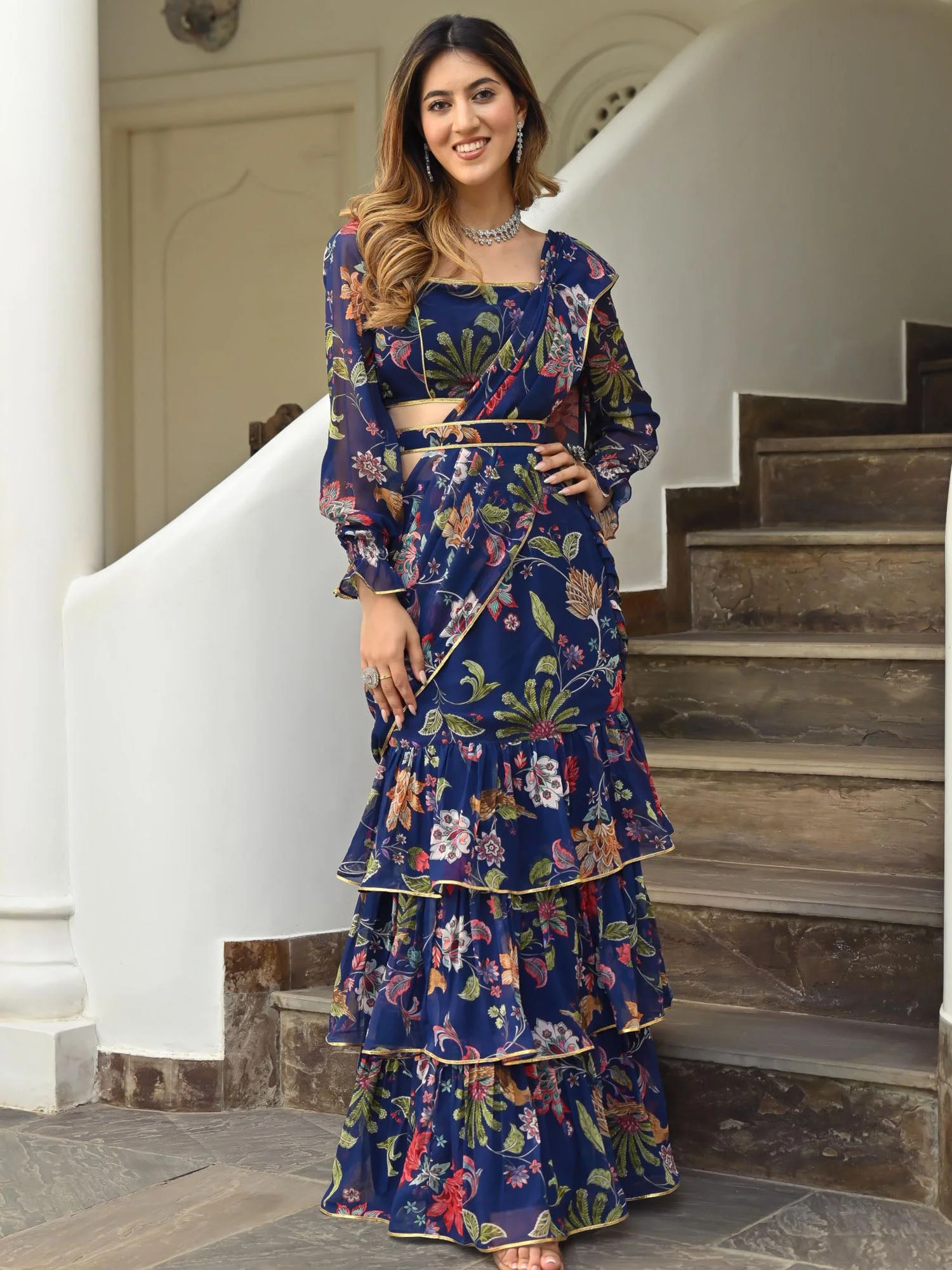 Navy Blue Printed Ruffle saree - Image 3