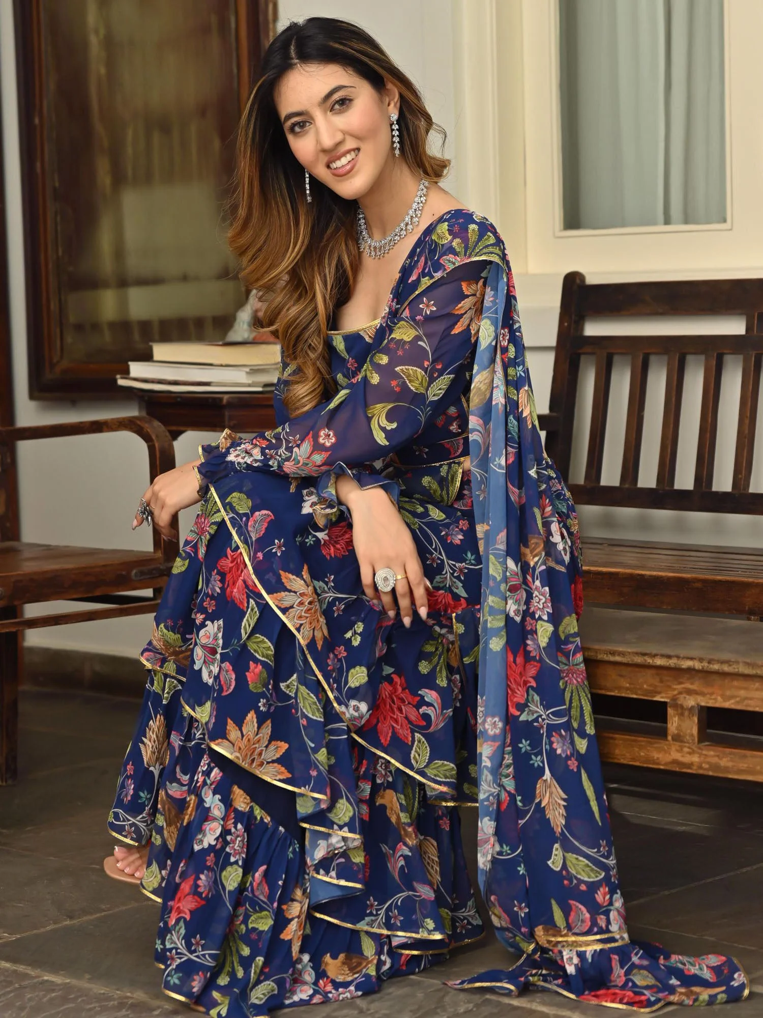 Navy Blue Printed Ruffle saree - Image 4