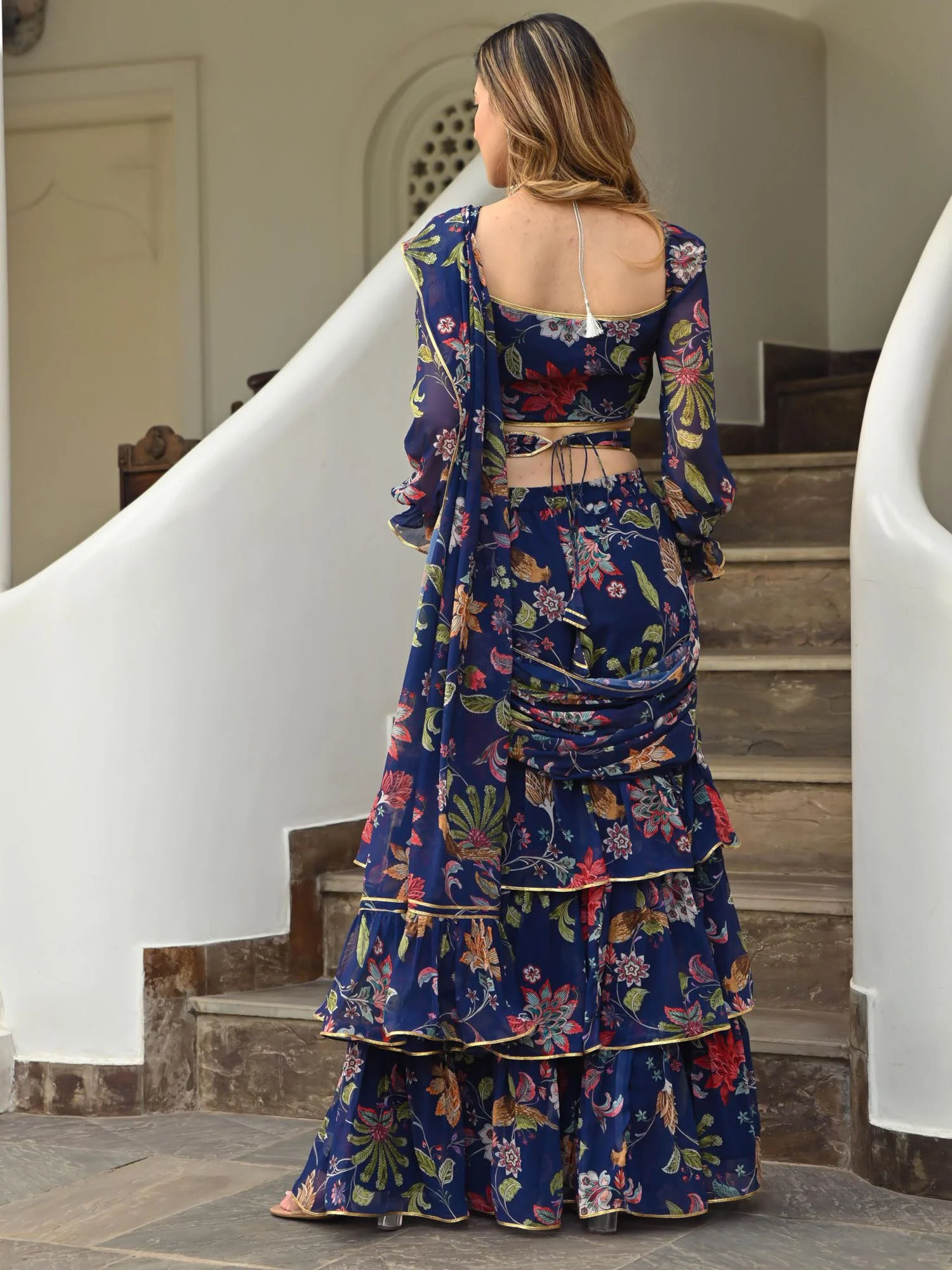 Navy Blue Printed Ruffle saree - Image 5