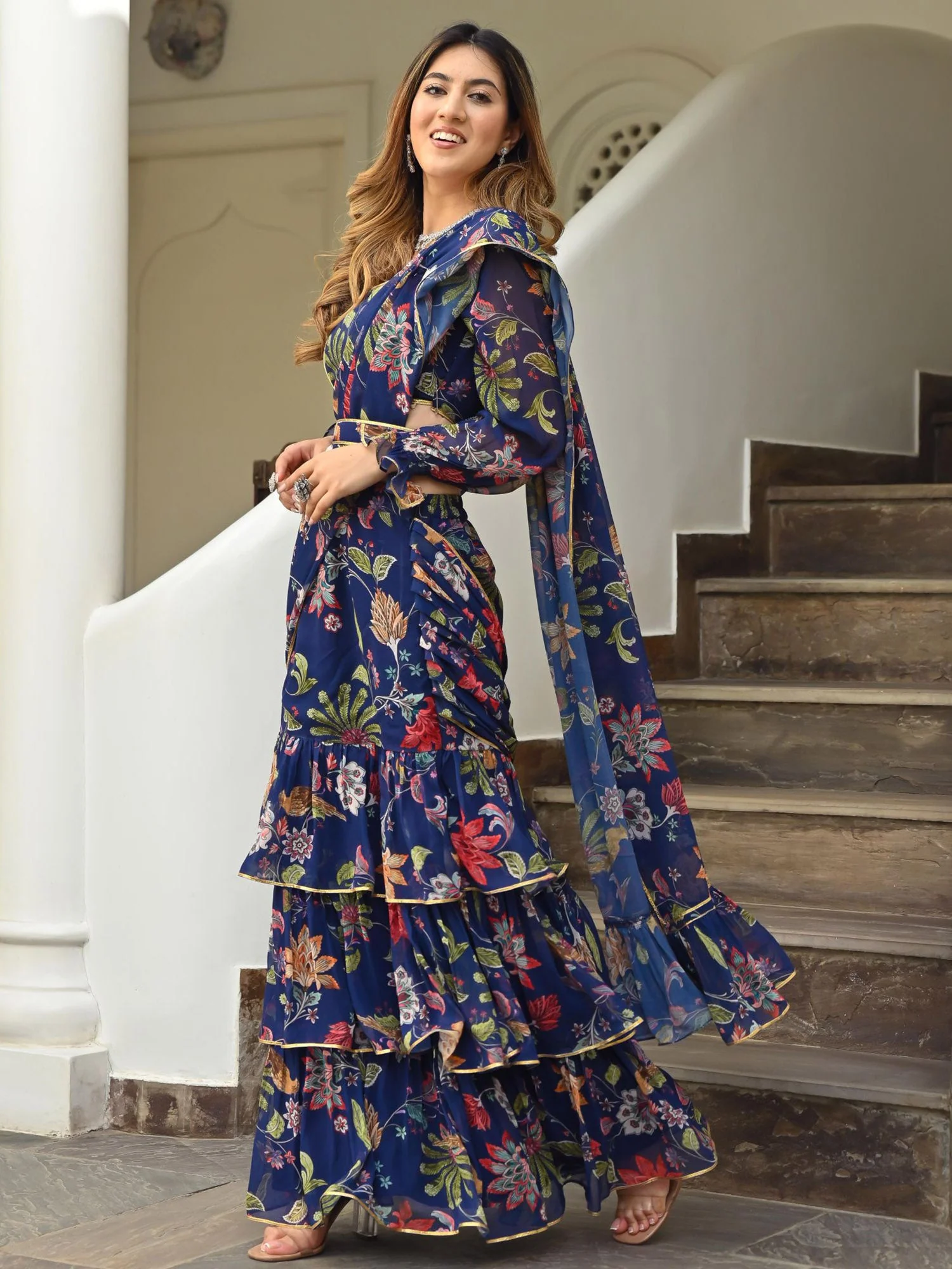 Navy Blue Printed Ruffle saree - Image 6