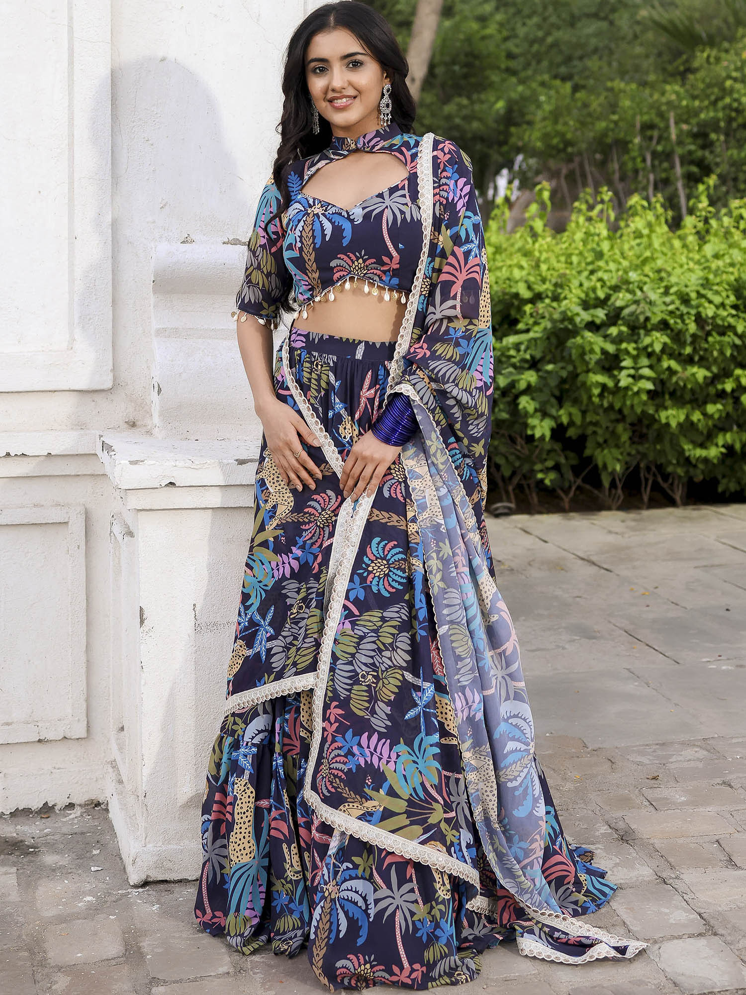 Navy Printed Lehenga Set - Image 2