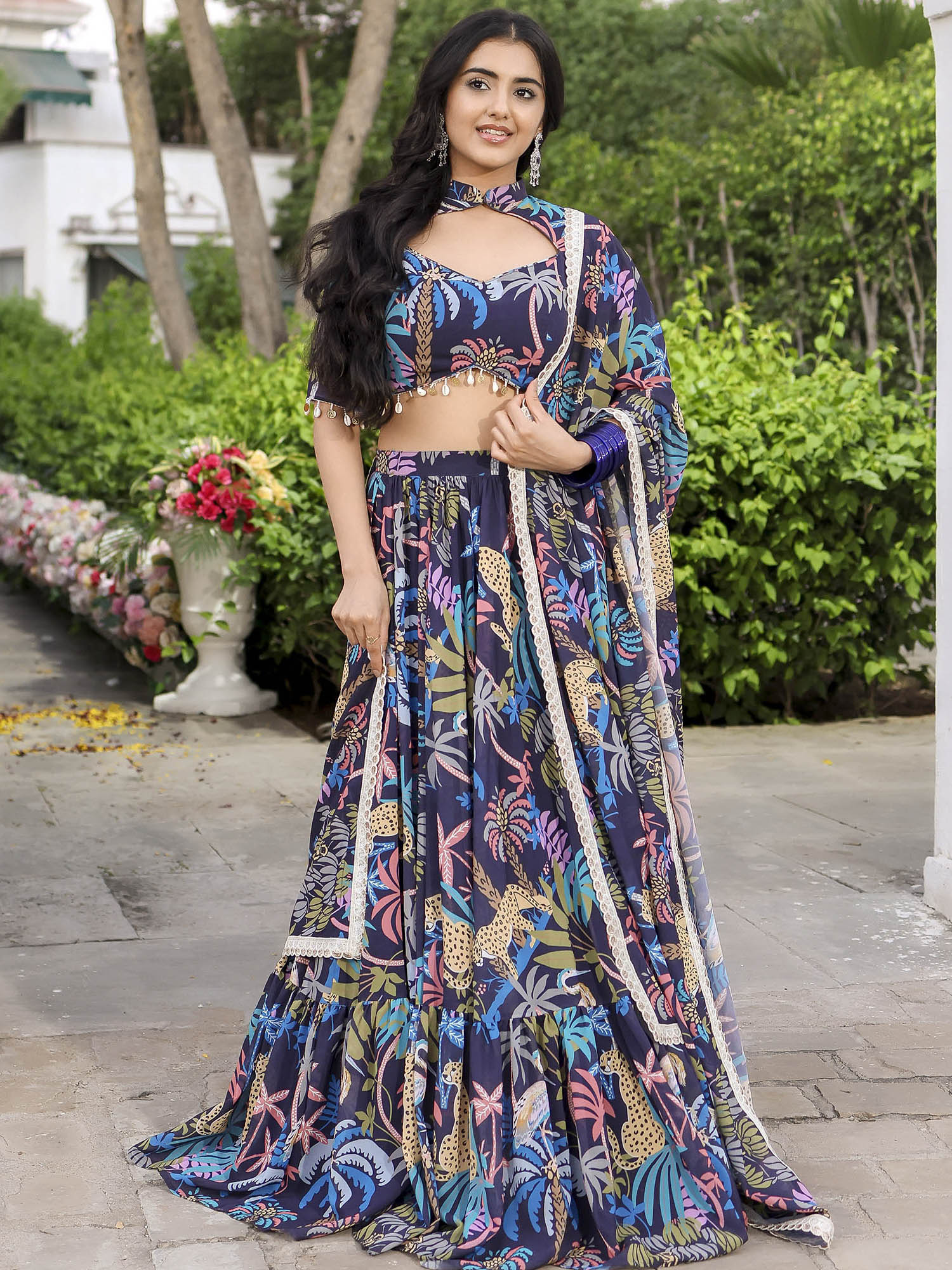 Navy Printed Lehenga Set - Image 3