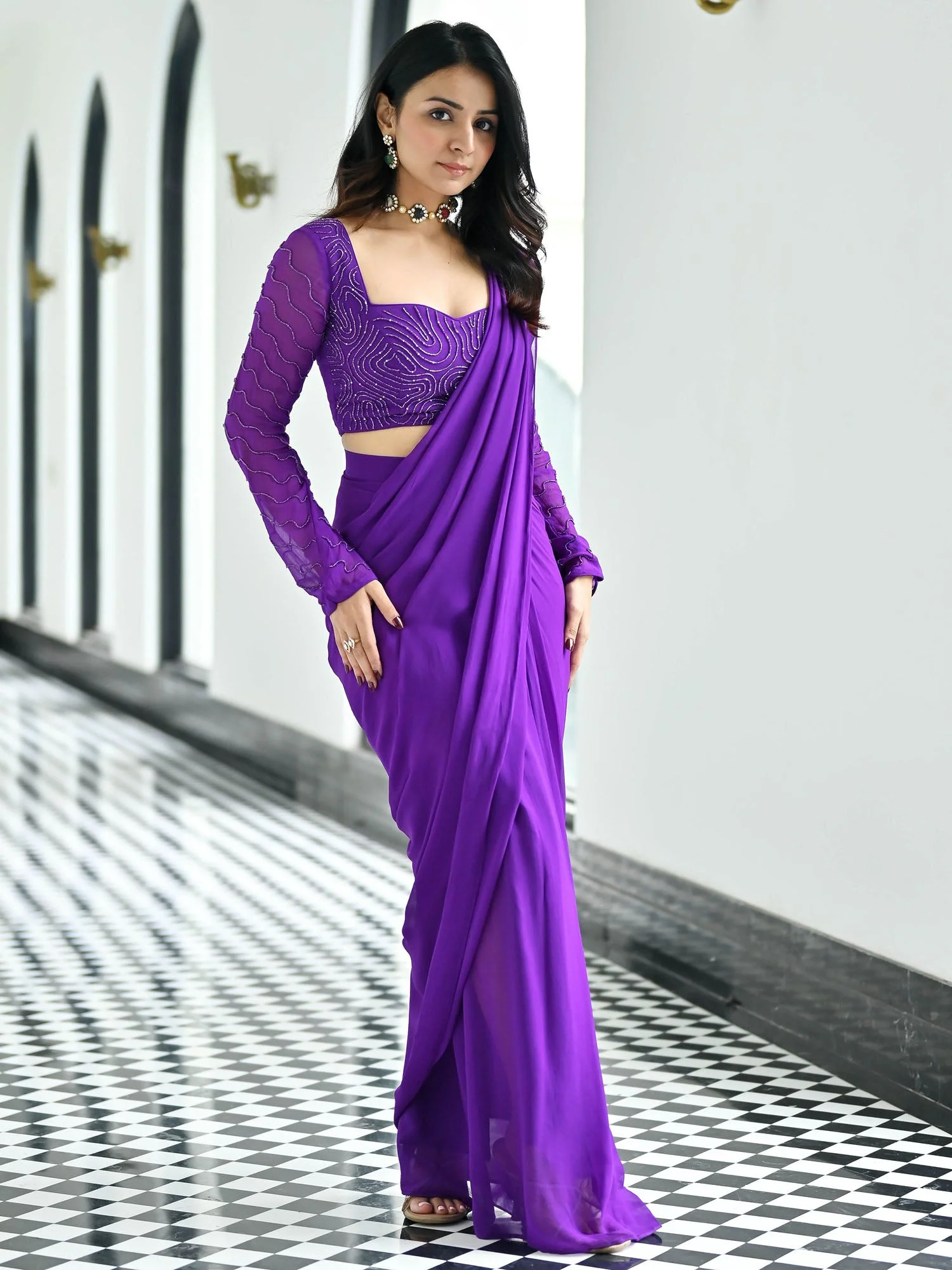 Noor Purple Predraped Saree - Image 7