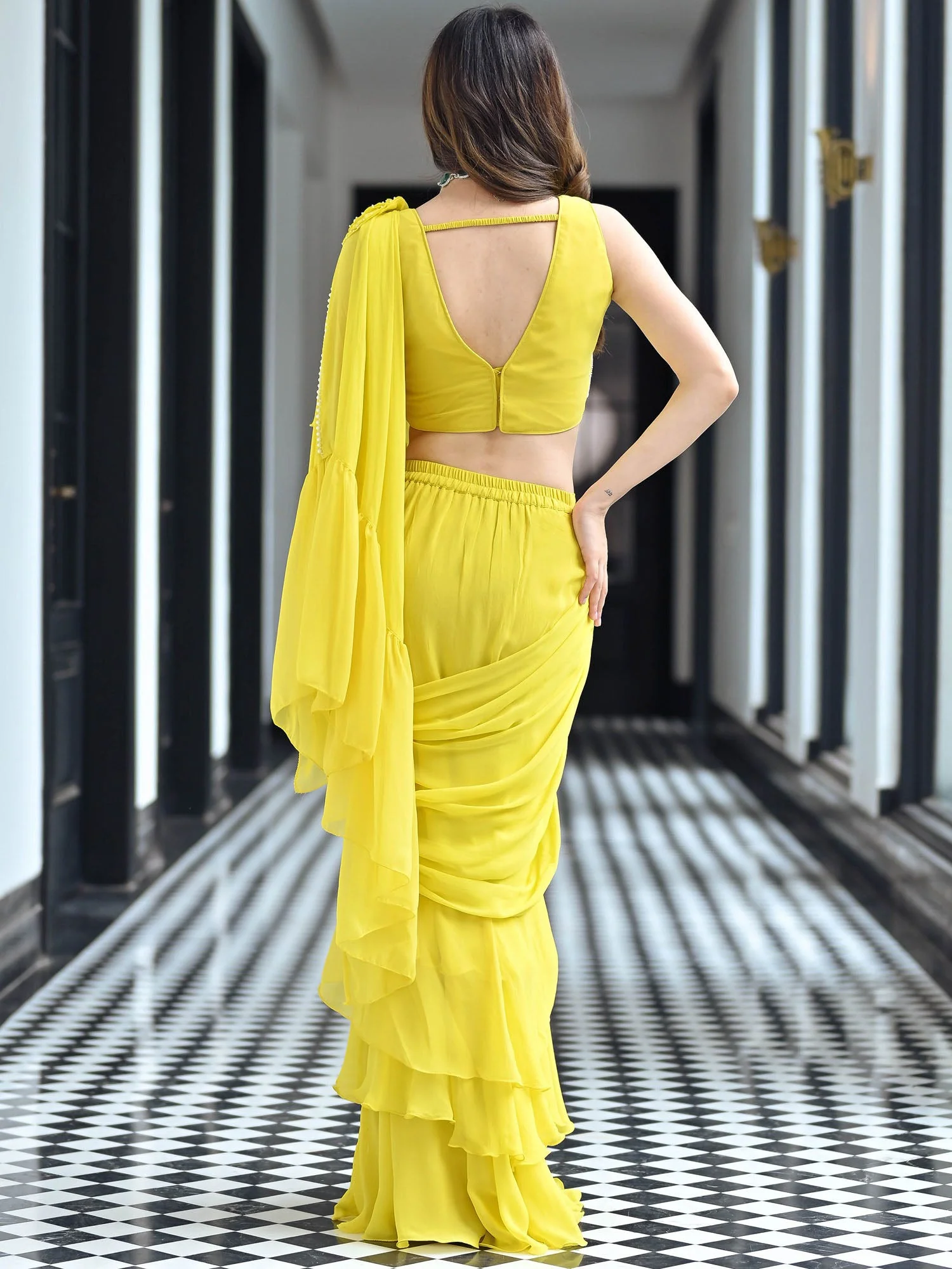 Noor Yellow Predraped Ruffle Saree - Image 5