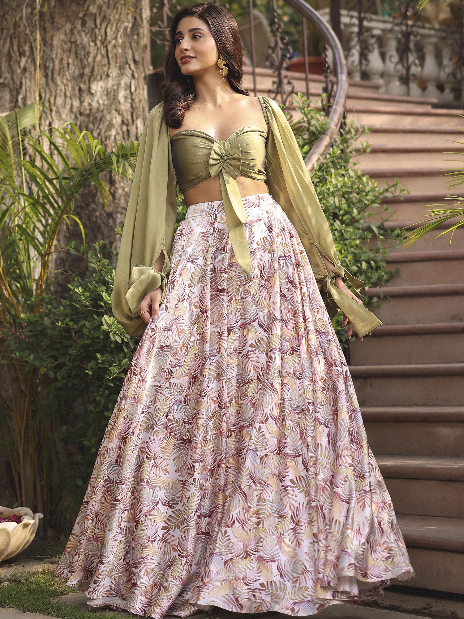 OLIVE GREEN TOP WITH PRINTED SKIRT - Image 3