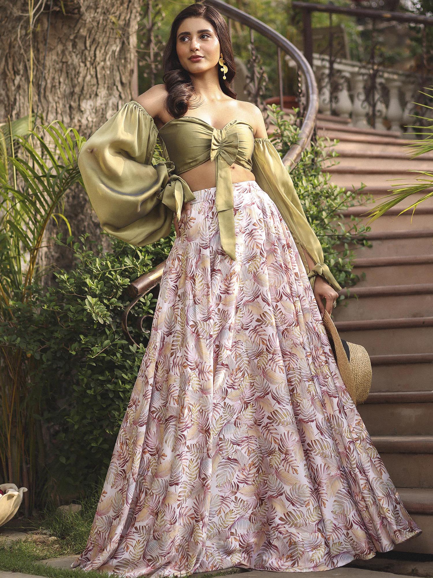 OLIVE GREEN TOP WITH PRINTED SKIRT - Image 4