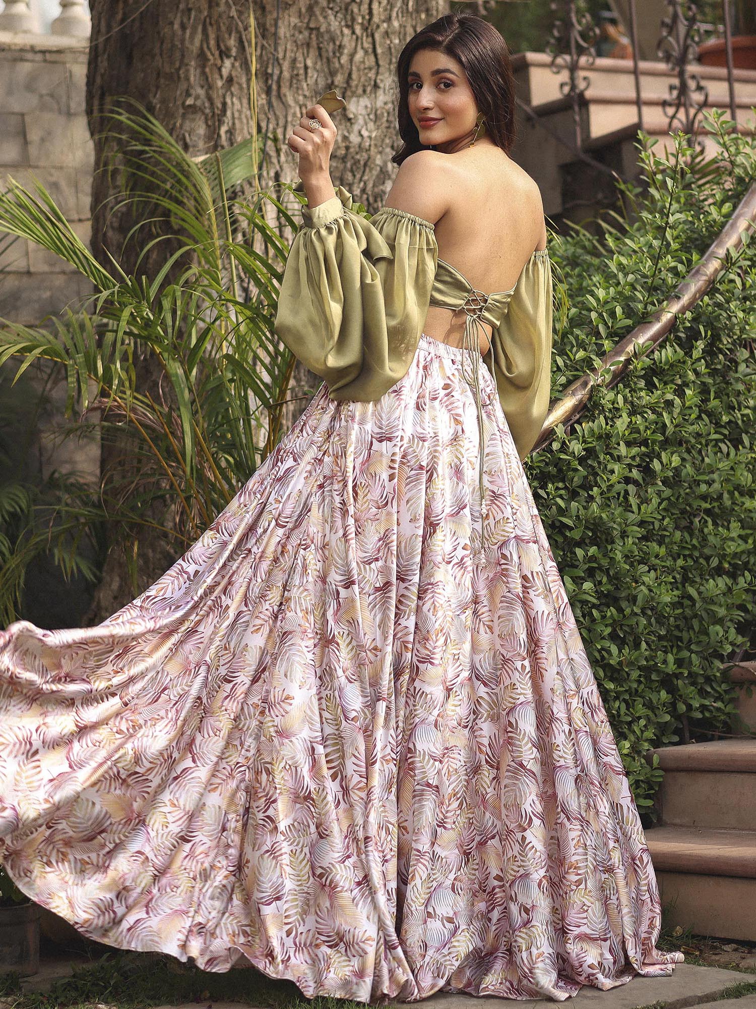 OLIVE GREEN TOP WITH PRINTED SKIRT - Image 8
