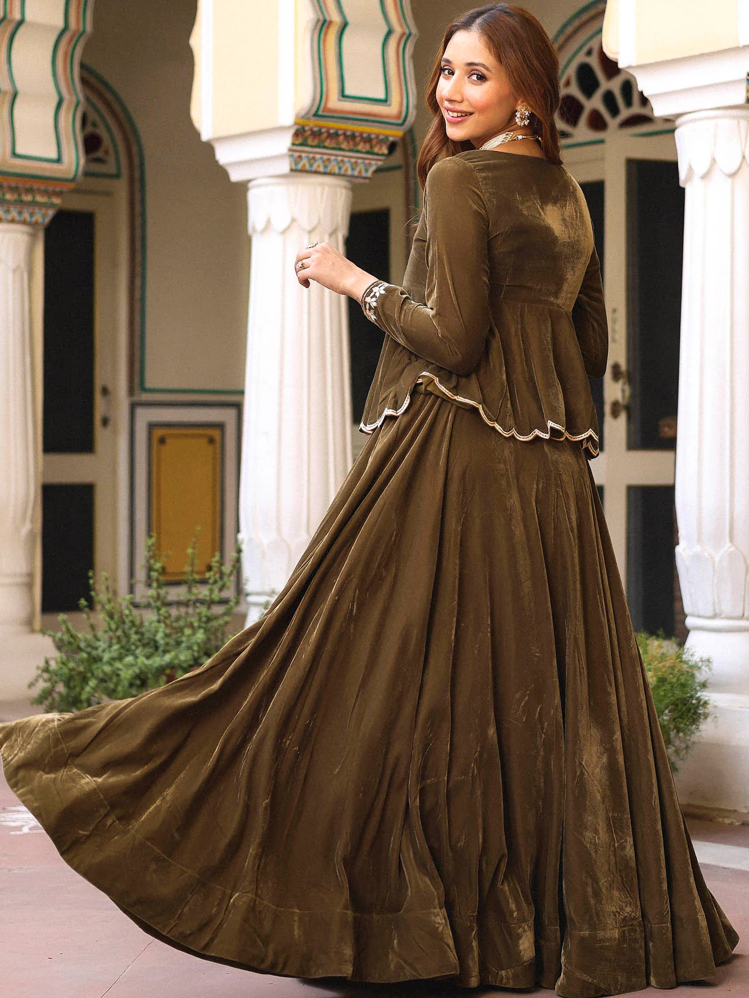 Olive Green Velvet peplum Lehenga set - Image 5