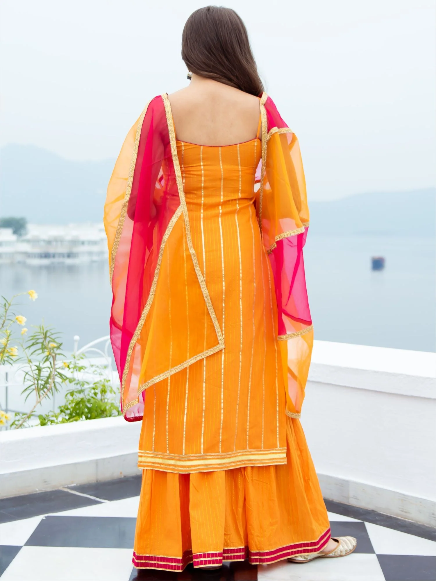 Orange Cotton Lurex Kurta and Palazzo Set - Image 2
