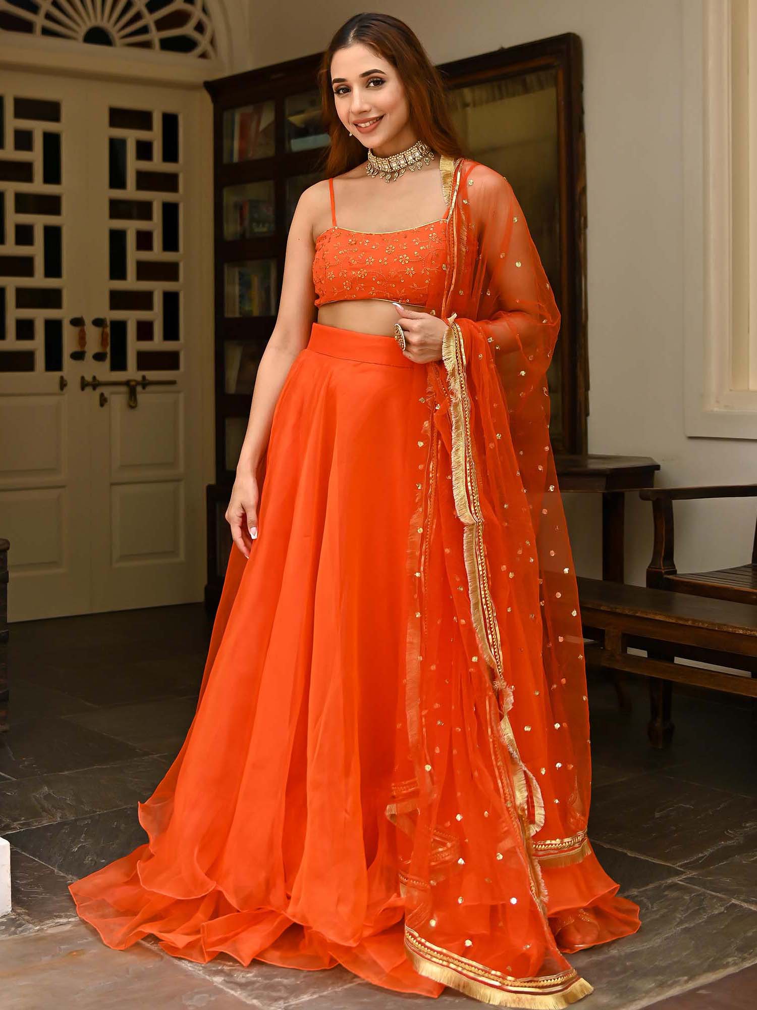 Orange Organza Lehenga - Image 5