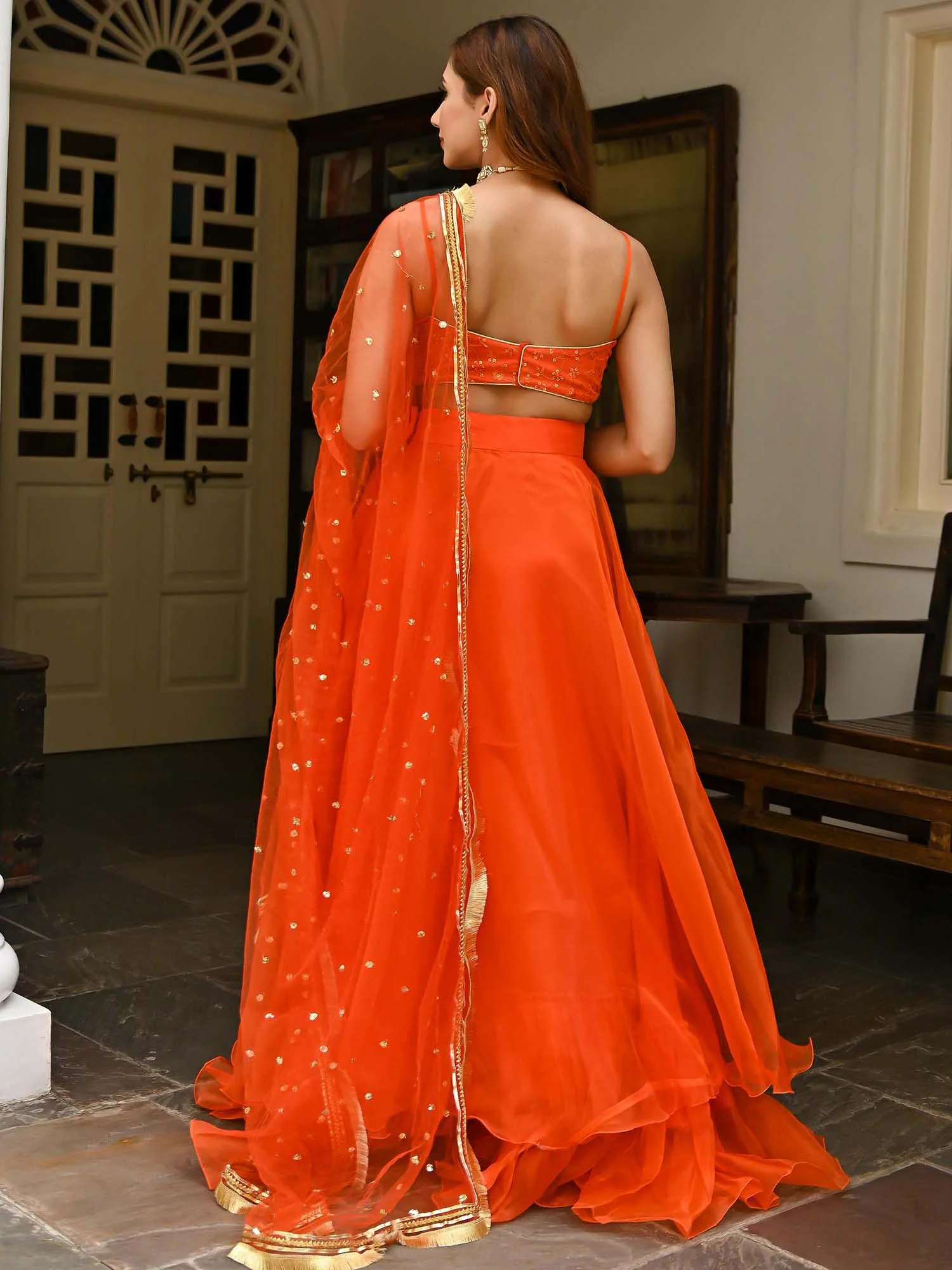 Orange Organza Lehenga - Image 7