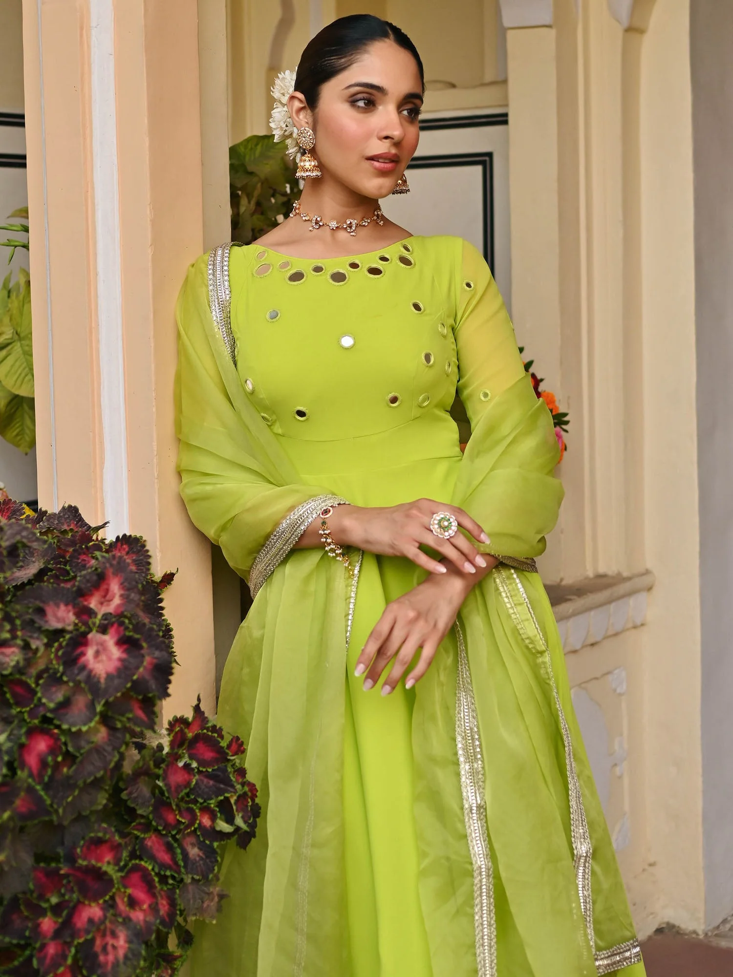 Parrot Green Mirror Anarkali Set - Image 6