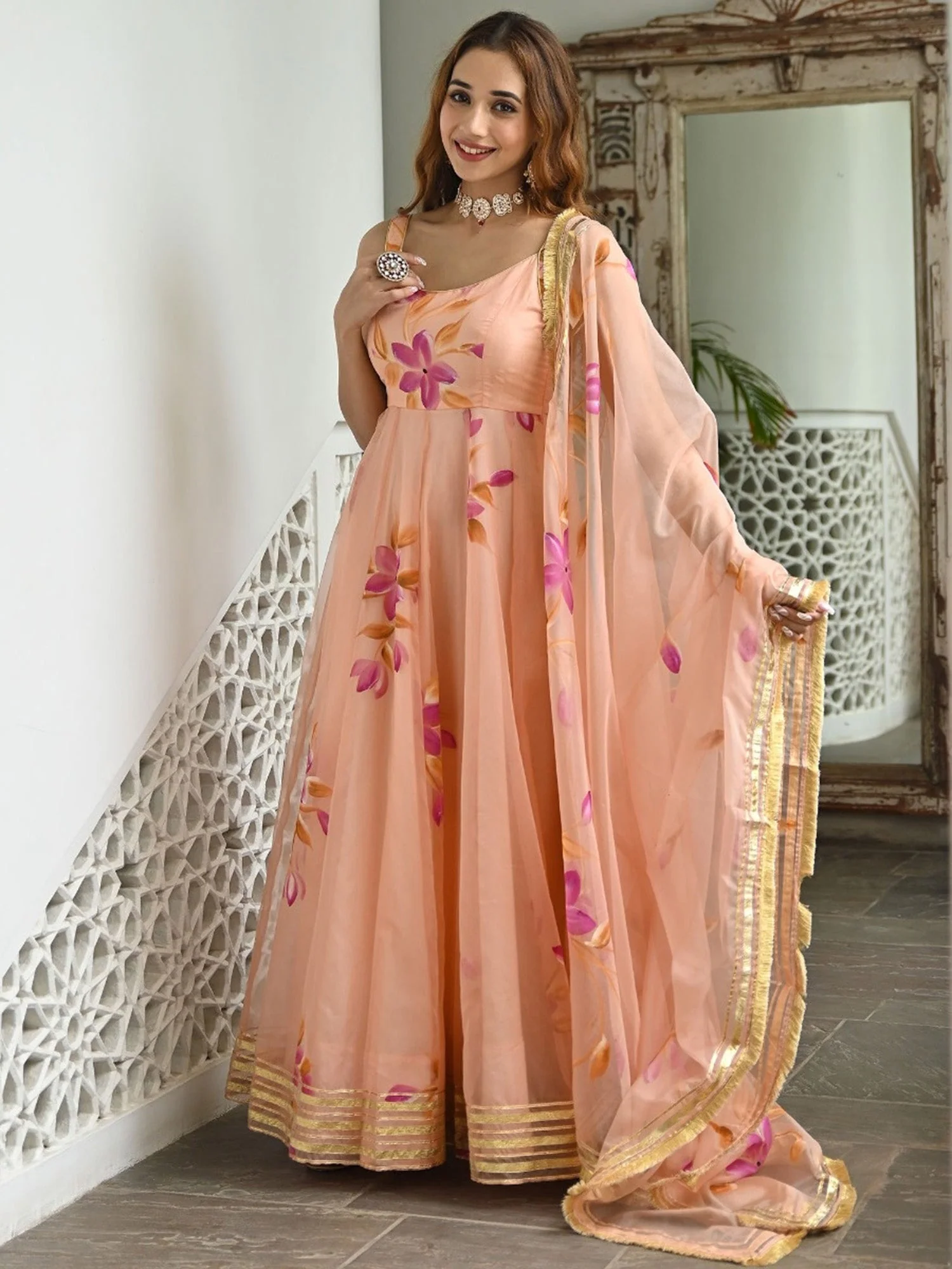 Peach hand paint organza dress with dupatta - Image 5