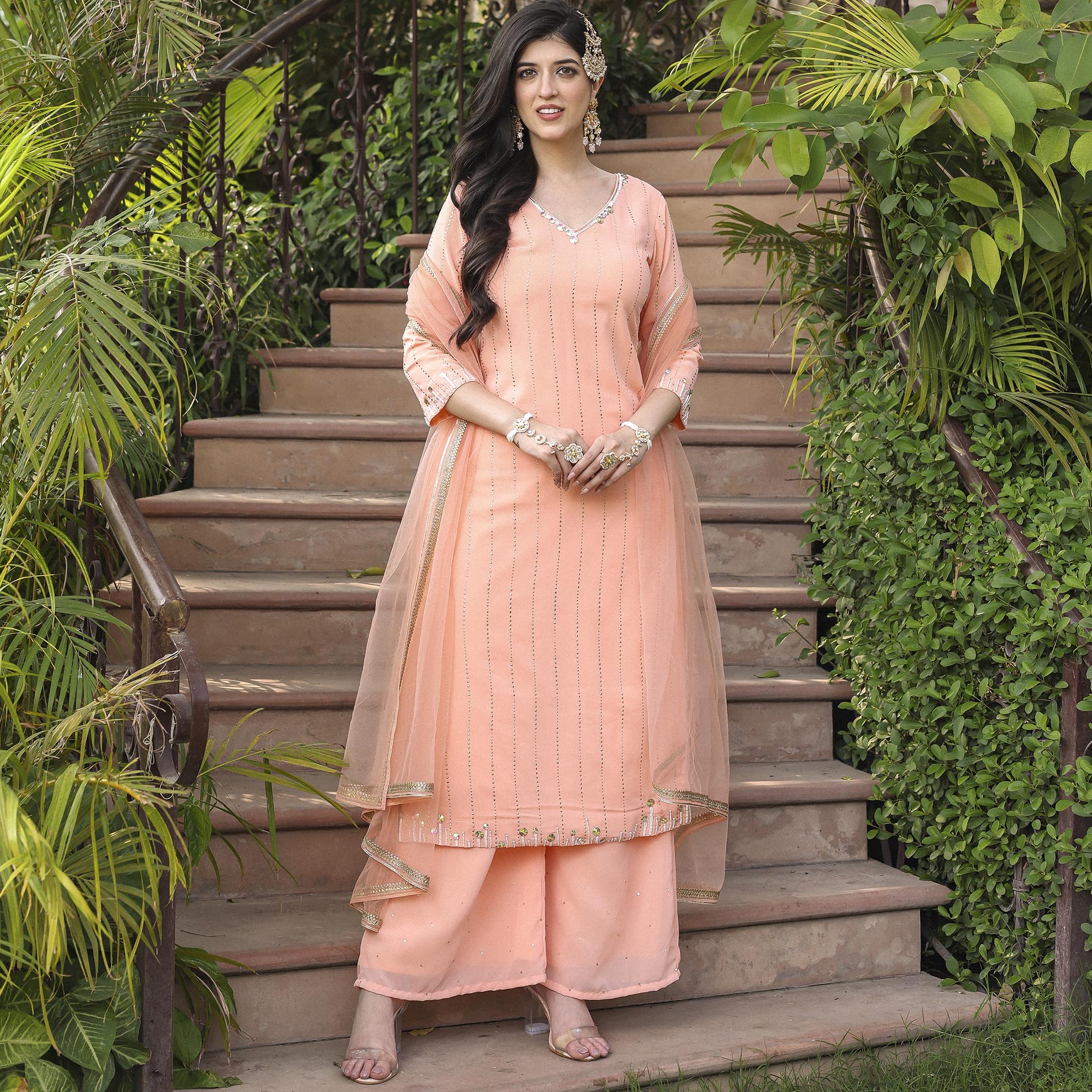 PEACH STRAIGHT MUKAISH KURTA SET