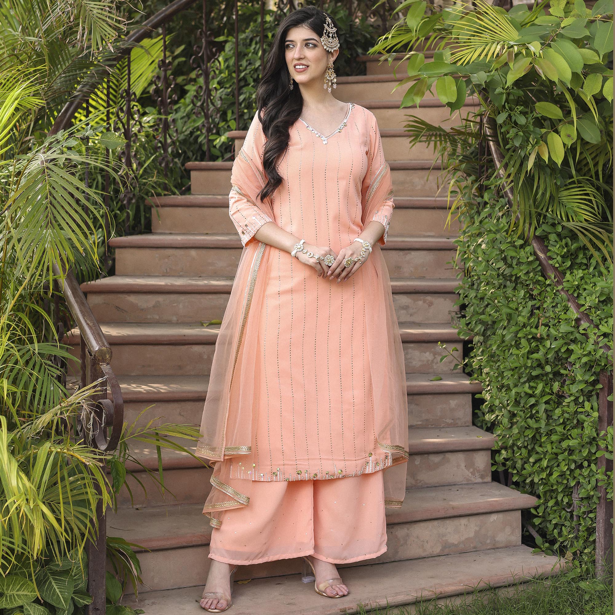 PEACH STRAIGHT MUKAISH KURTA SET - Image 3