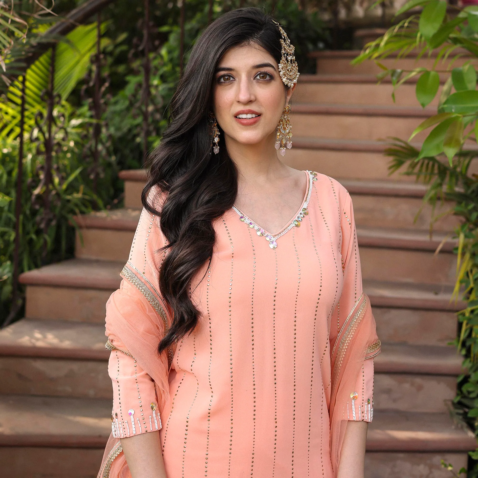 PEACH STRAIGHT MUKAISH KURTA SET - Image 7