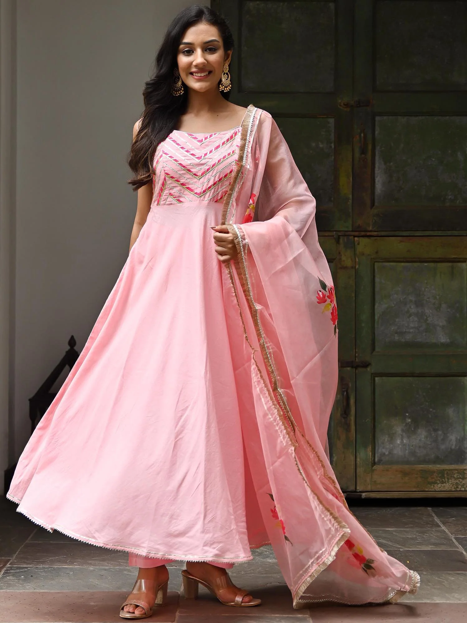 Peachy Pink Cotton Anarkali Pant Set - Image 3