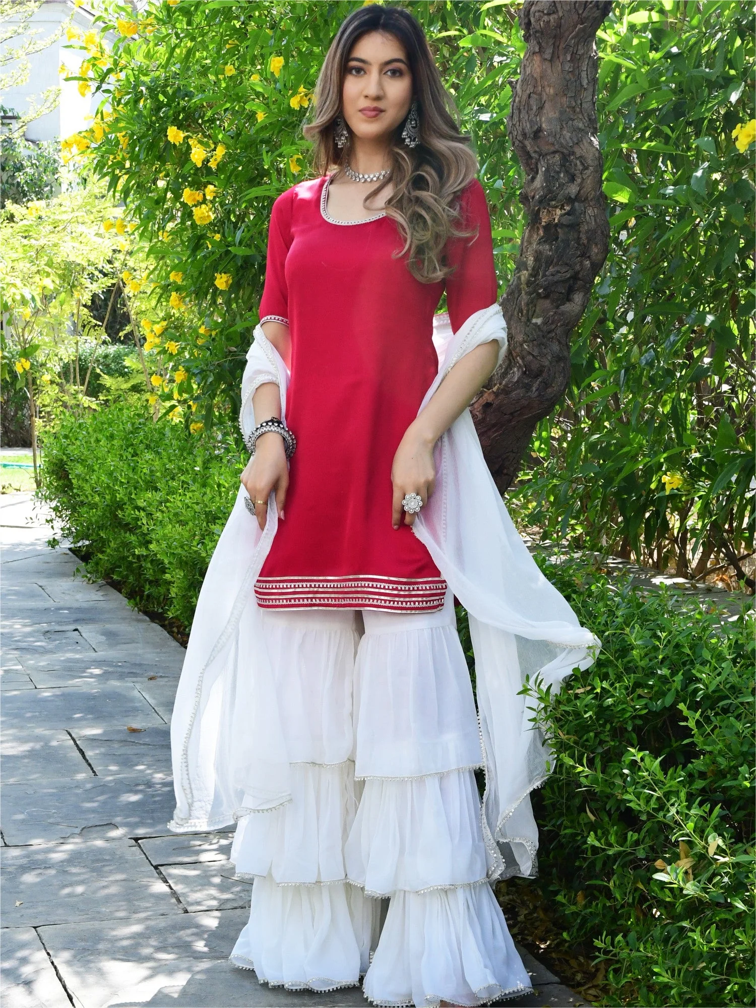 Pink And White Kurta Sharara set - Image 3