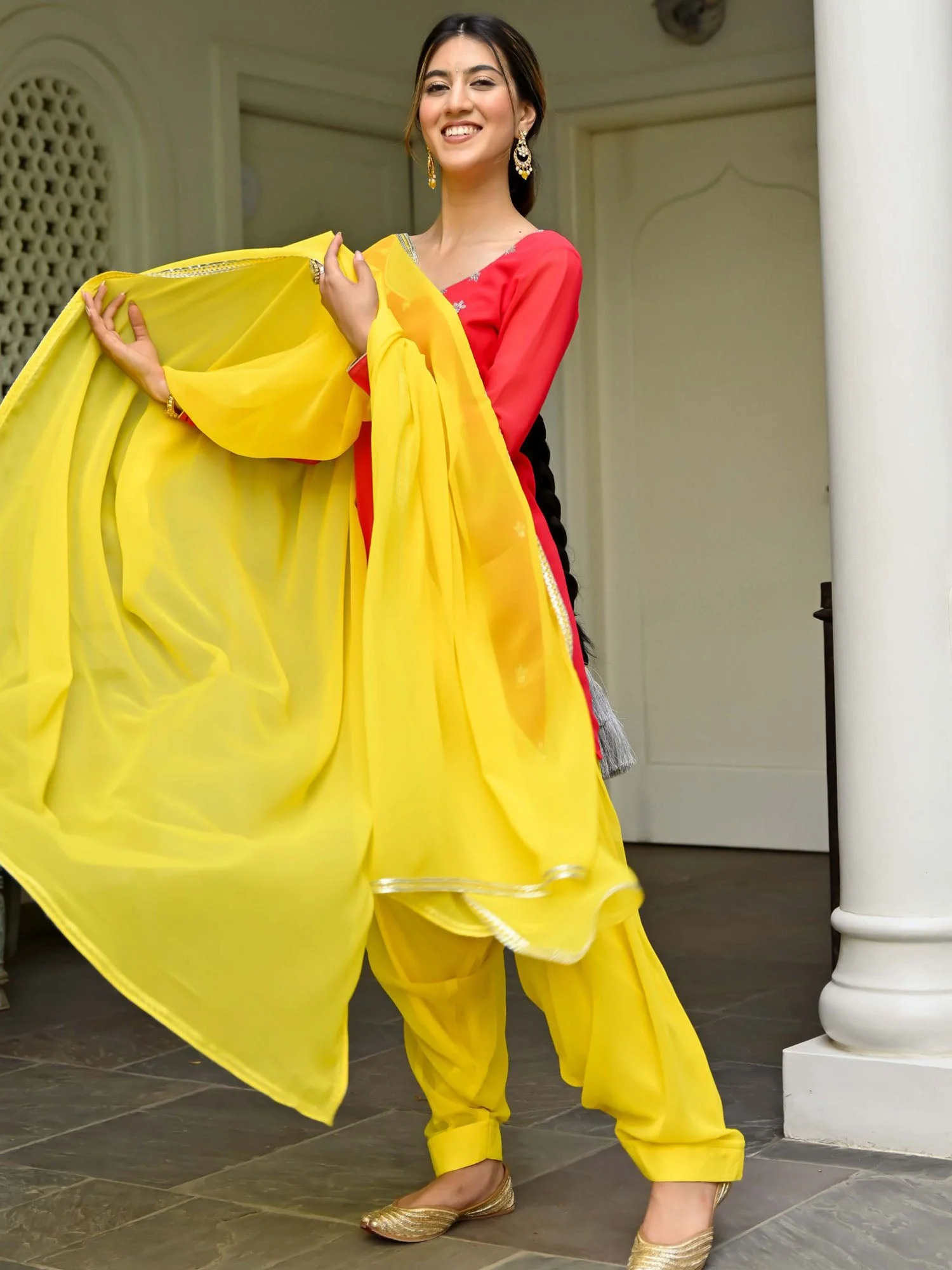 Pink and Yellow Kurta Patiala Set - Image 6