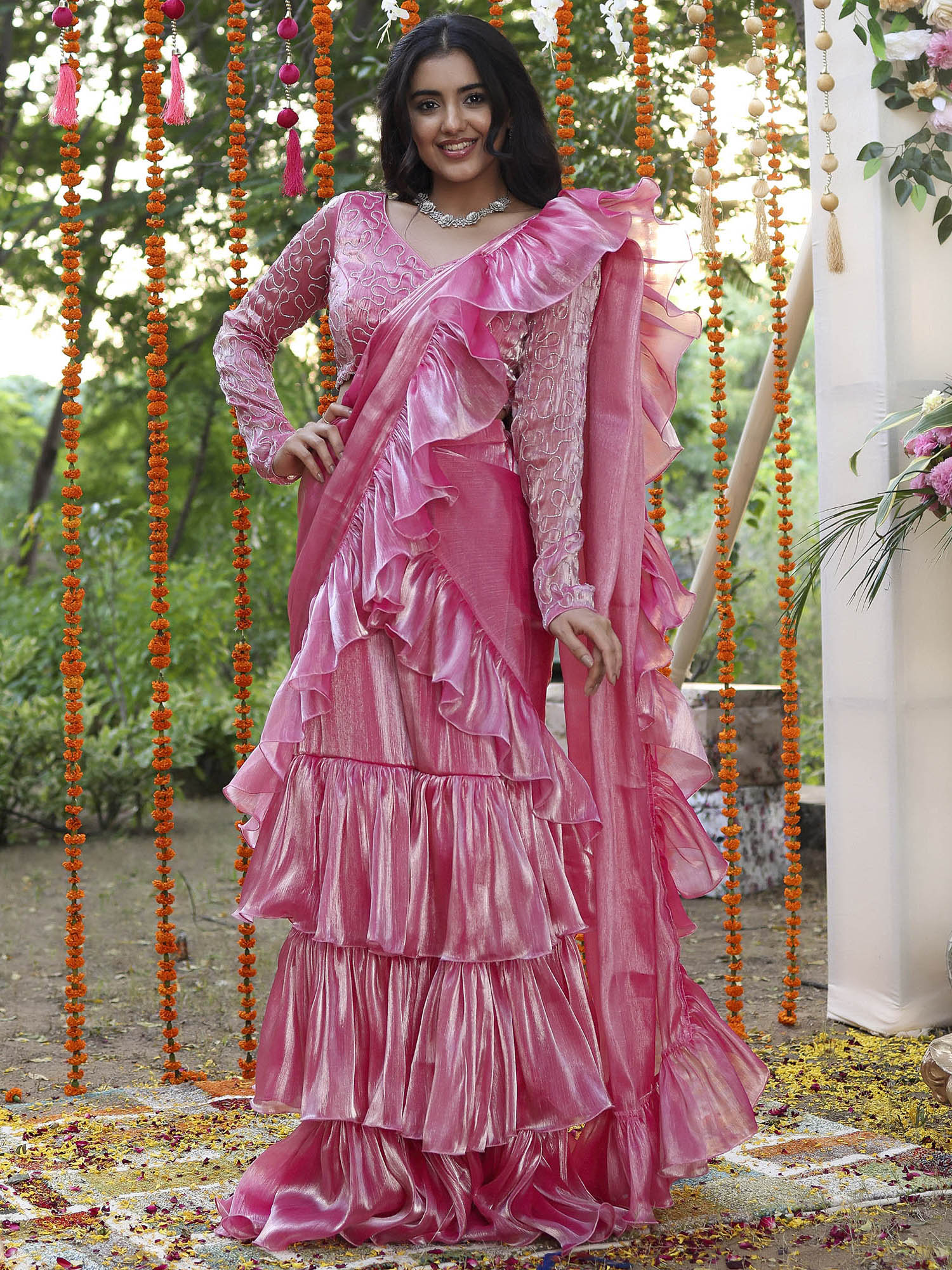 Pink Chiffon Handwork Ready Saree - Image 5