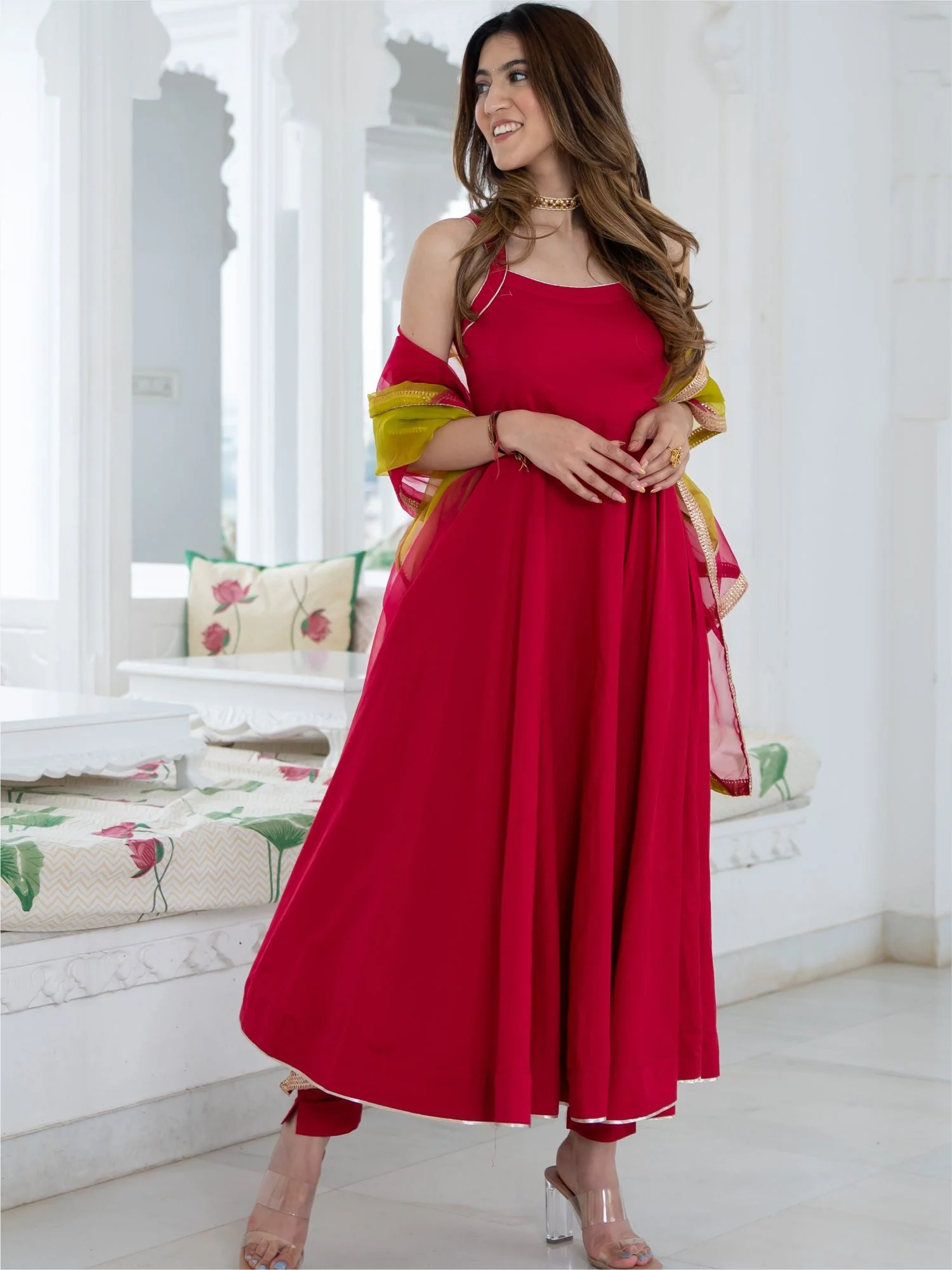 Pink Cotton Flared Kurta and Pant Set - Image 3