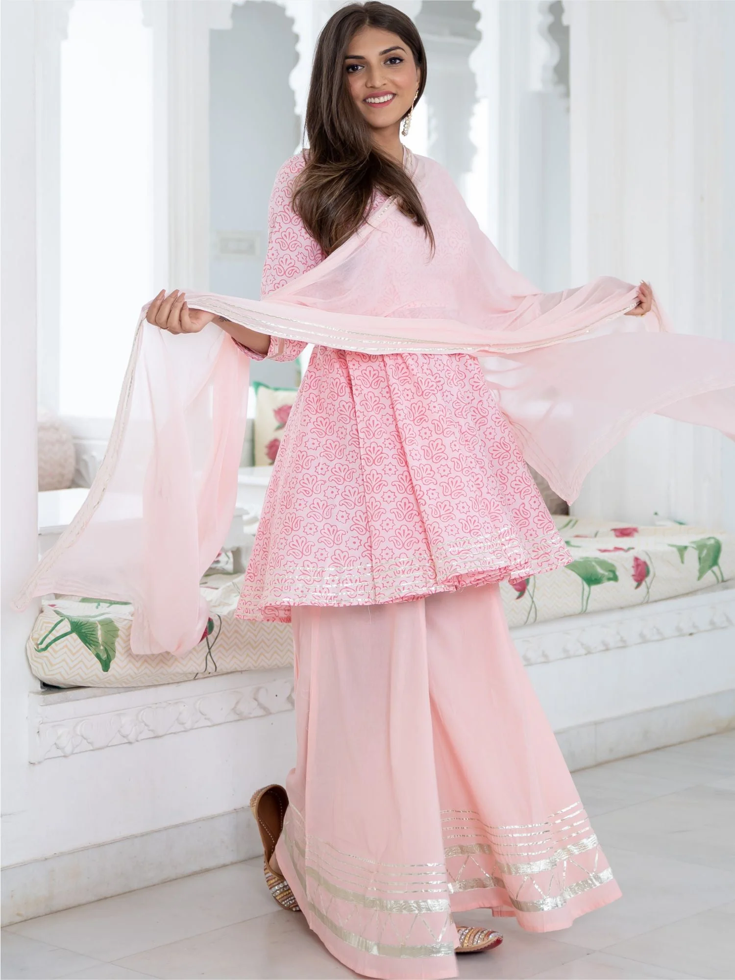 Pink Cotton Printed Kurta and Palazzo Set - Image 3