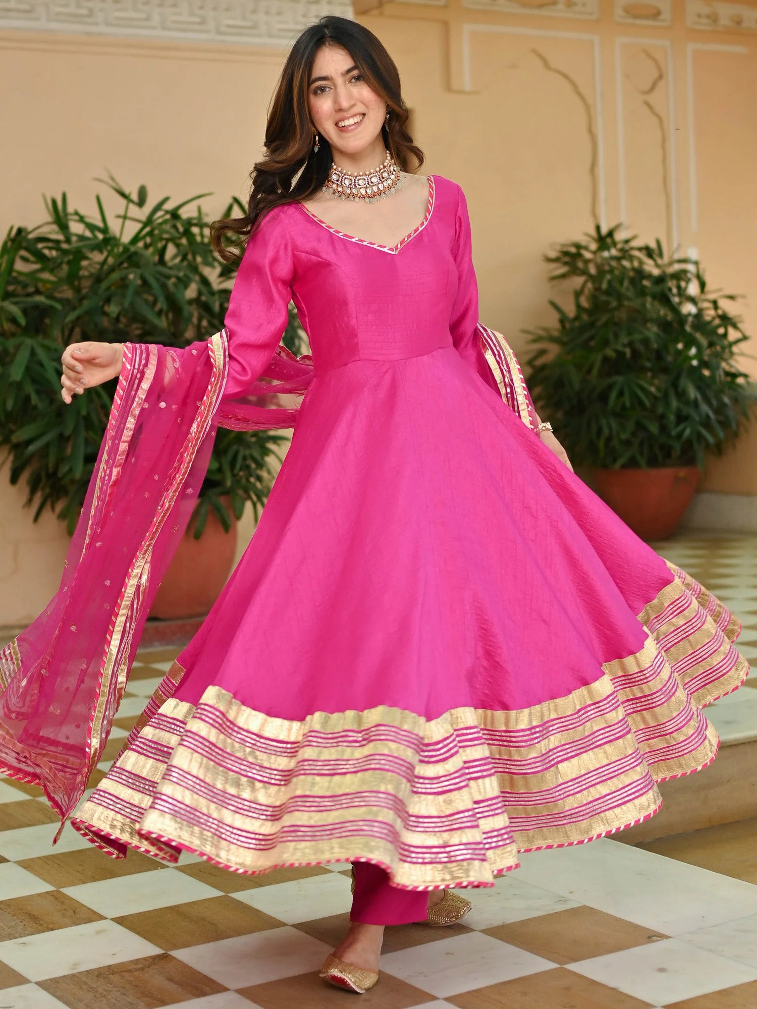 Pink Silk Gotta Anarkali Set - Image 4