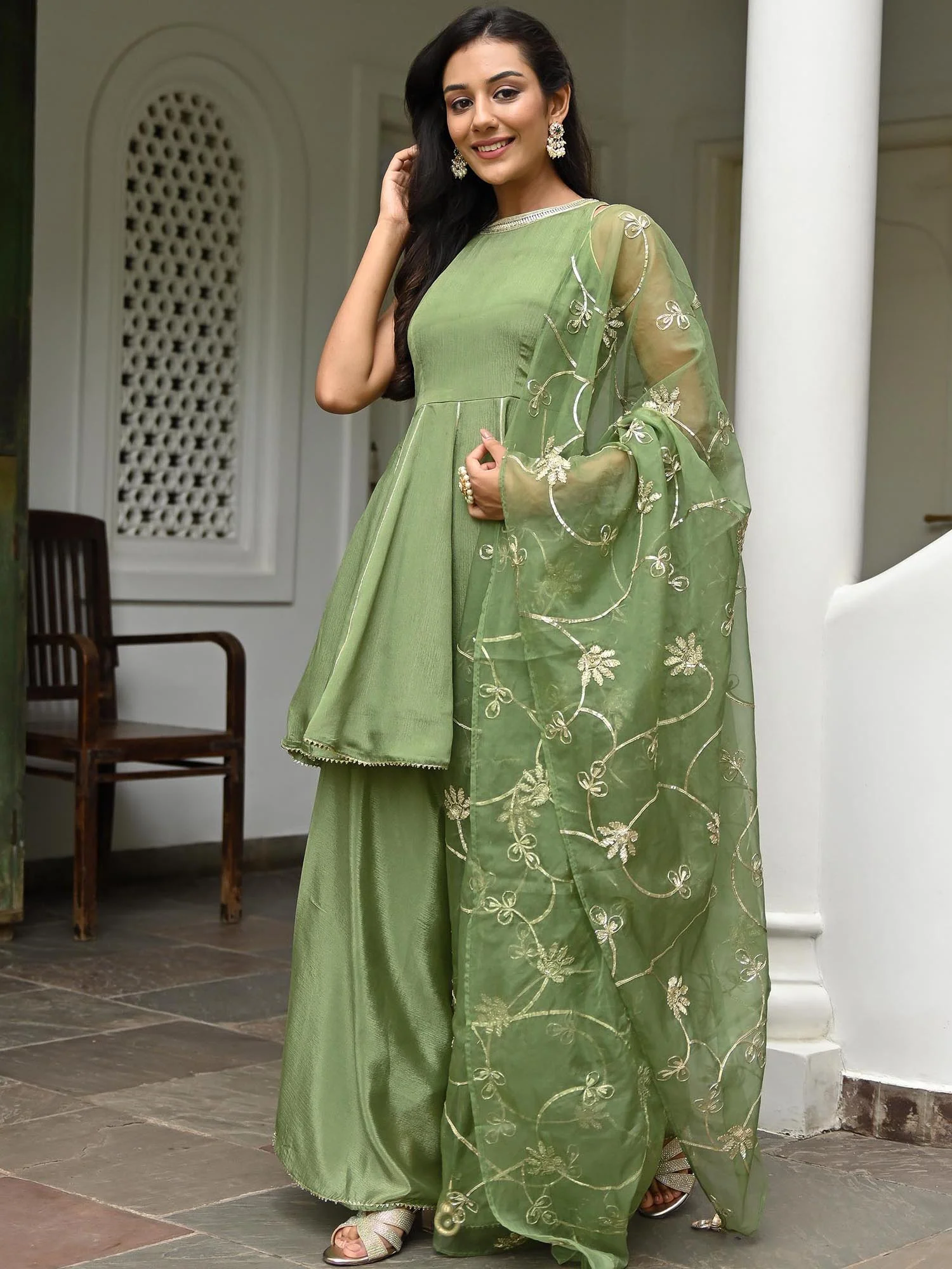 Pista Green Silk Kurta Palazzo Set - Image 5