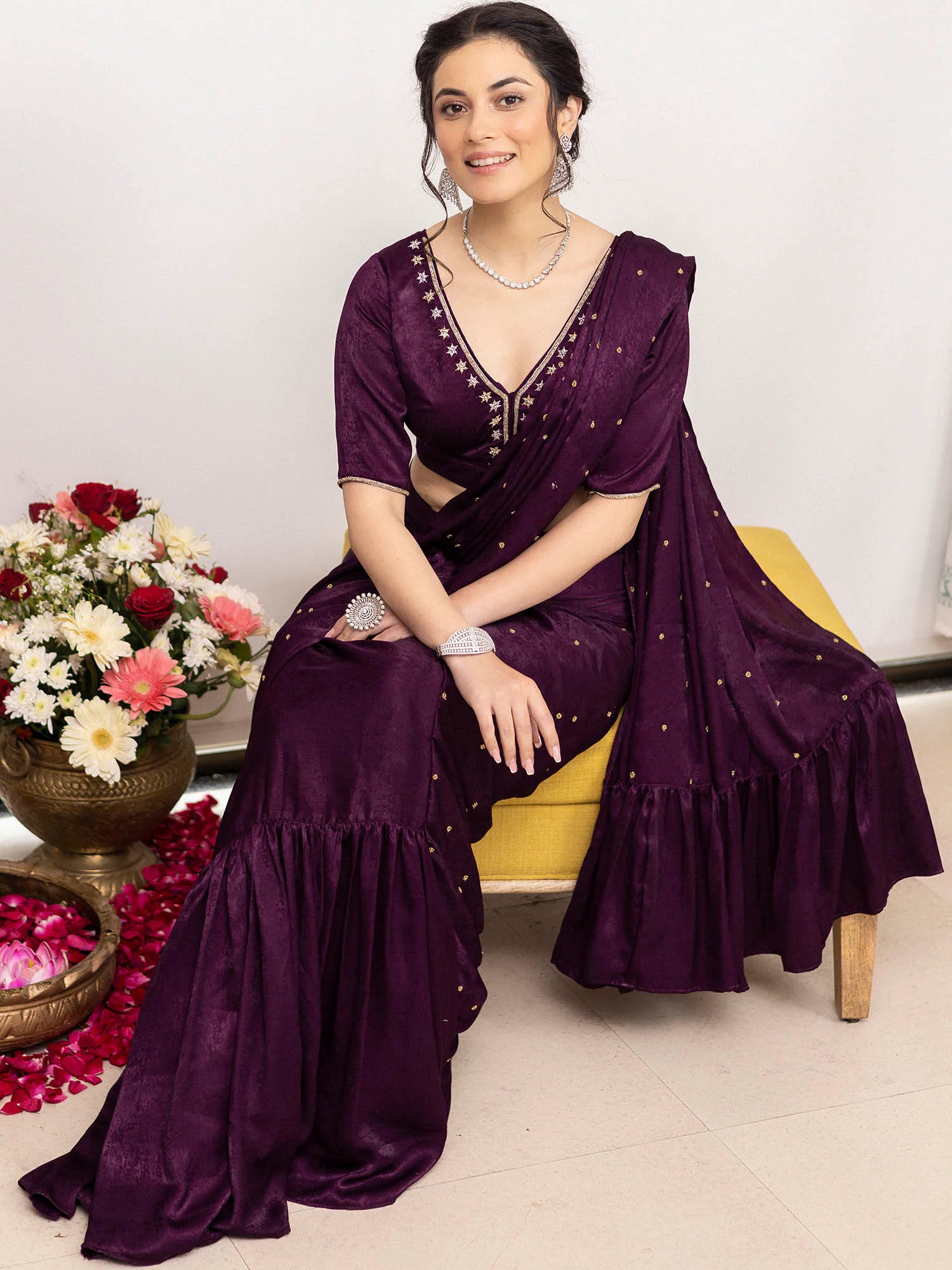 Purple Apricot Ruffle Saree - Image 7