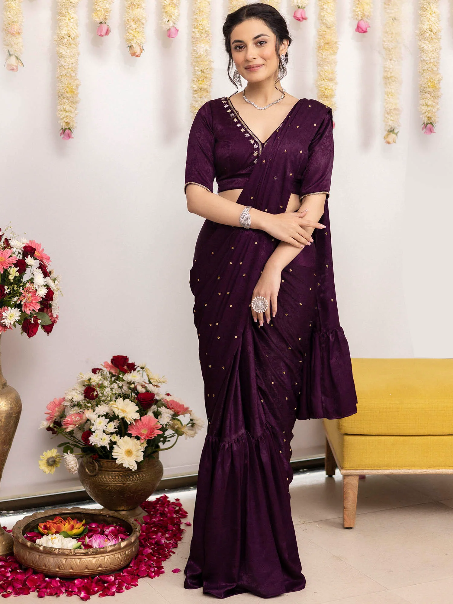 Purple Apricot Ruffle Saree - Image 9
