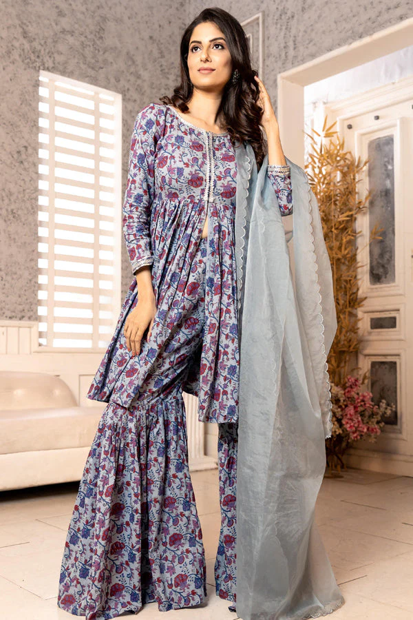 Purple Hand Block Sharara Set - Image 4
