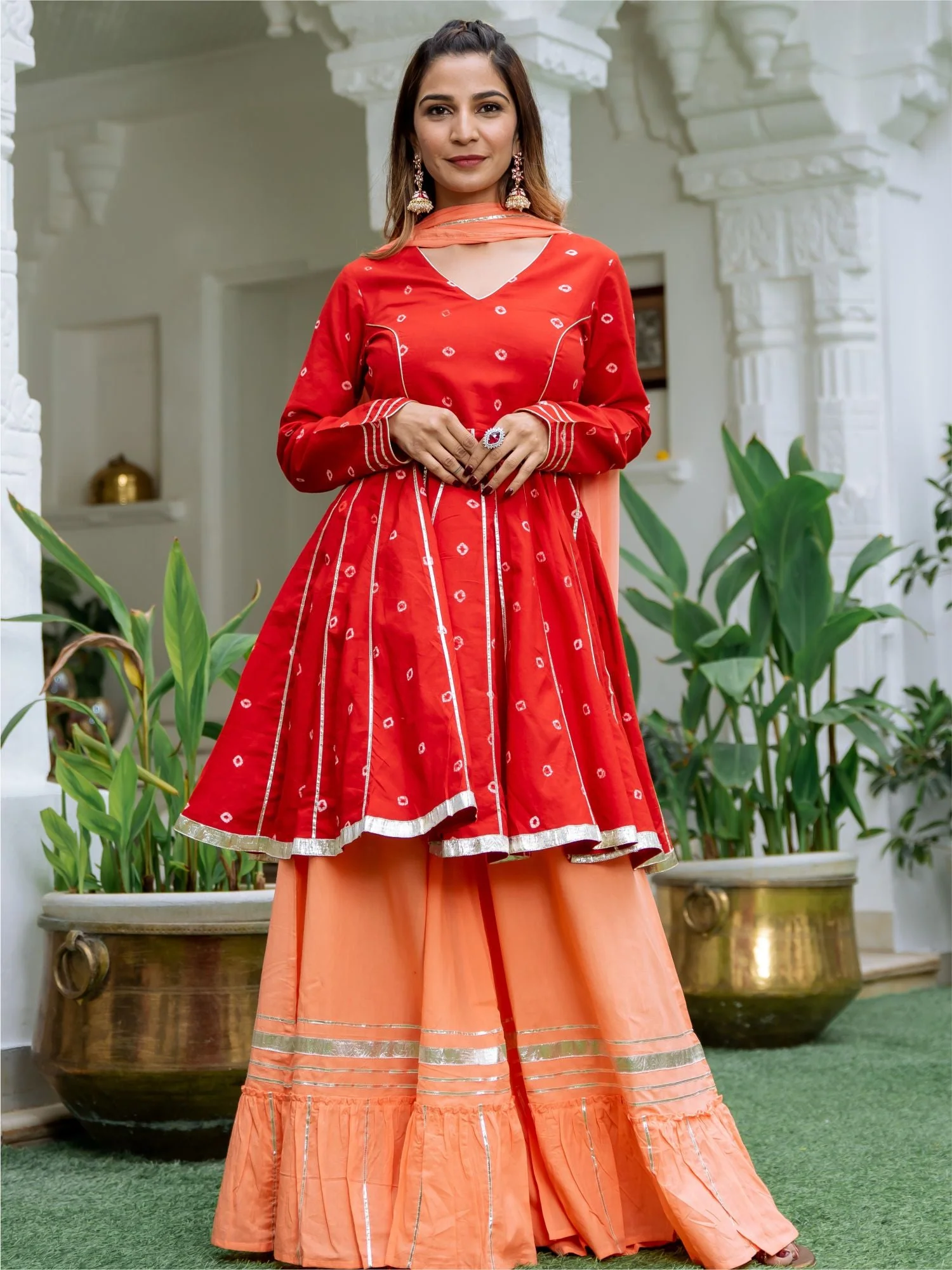 Red Bandhani Tie-Dye Kurta and Palazzo Set - Image 3