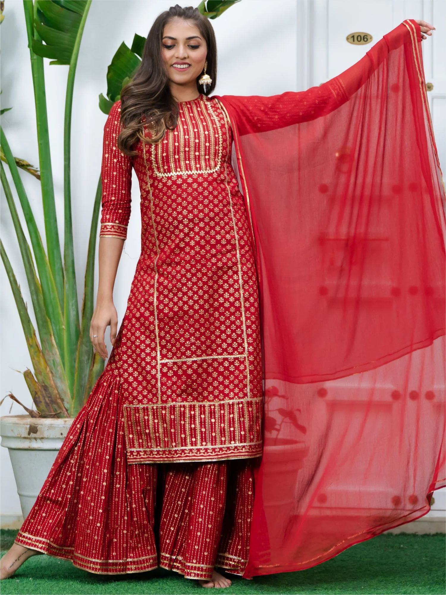 Red Cotton Printed Long Kurta and Sharara Set - Image 3