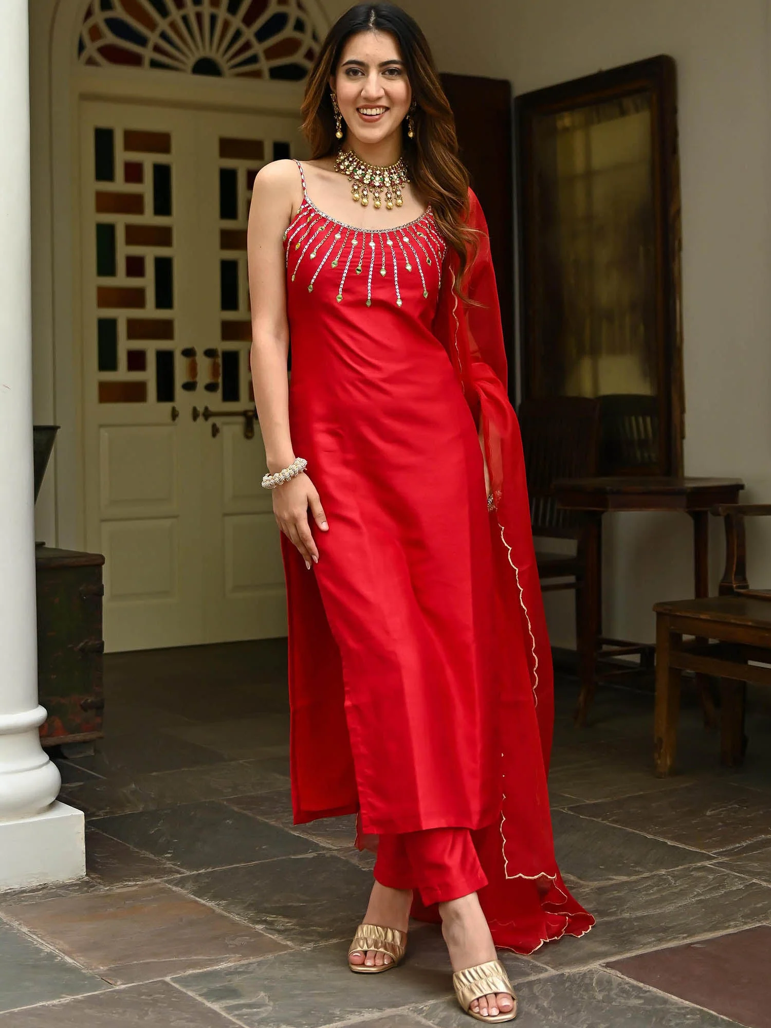 Red Embroidered Kurta Set - Image 4